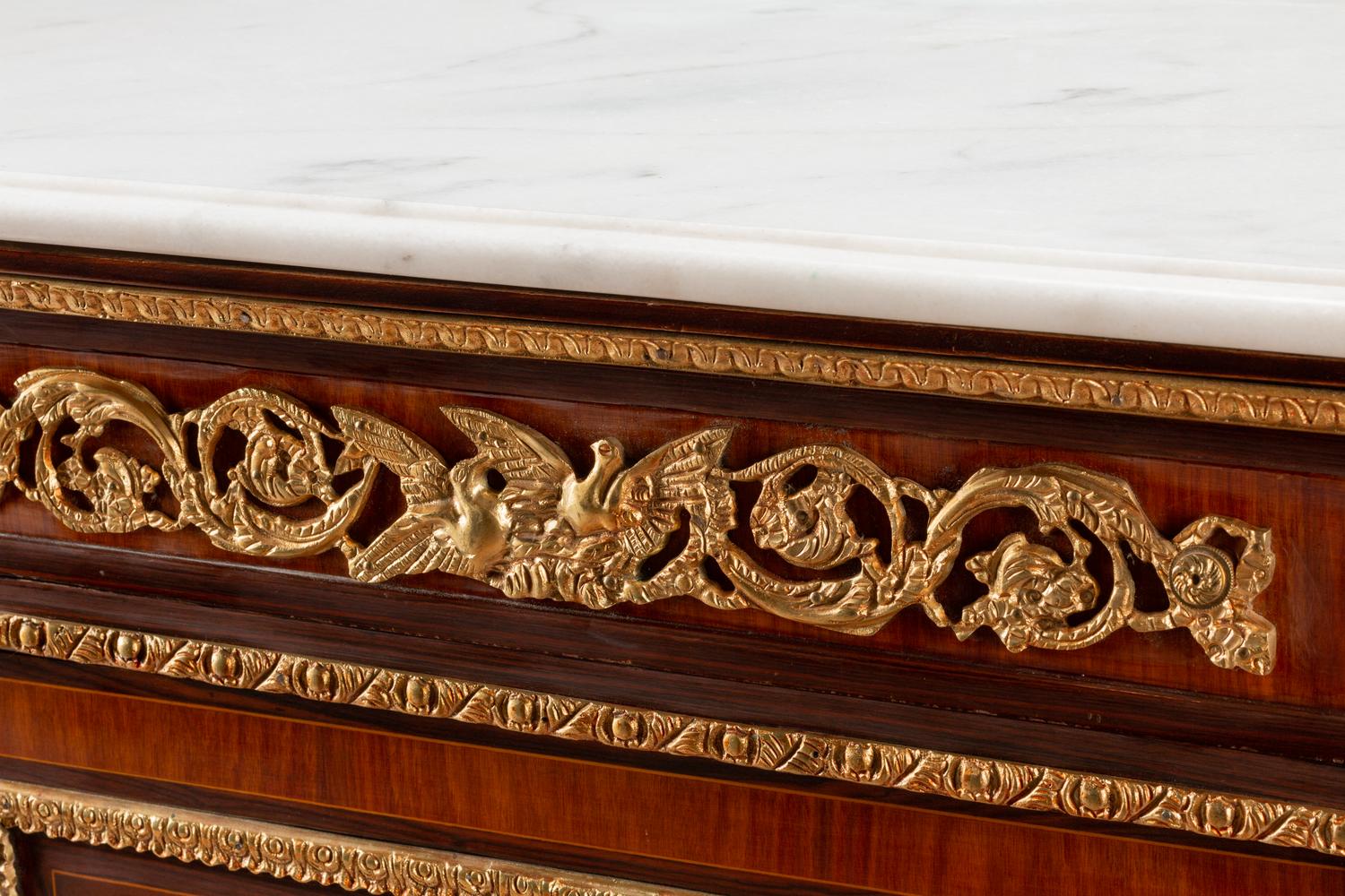 A Louis XV Style Gilt Bronze Mounted Marquetry Marble-Top Cabinet