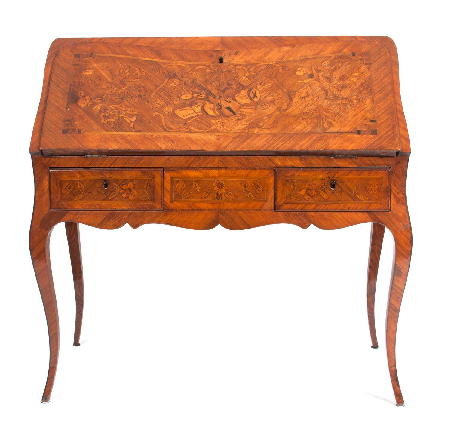 A Louis XV Style Marquetry Writing Desk Height 37 1/2 x width 38 1/4 x depth 21 inches. — LATE 18TH/EARLY 19TH CENTURY