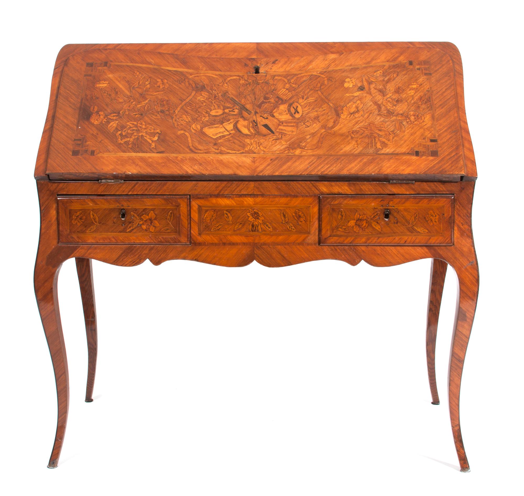 A Louis XV Style Marquetry Writing Desk Height 37 1/2 x width 38 1/4 x depth 21 inches. — LATE 18TH/EARLY 19TH CENTURY