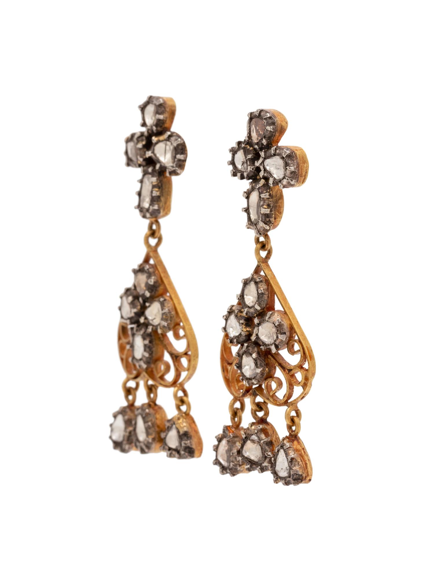 SILVER TOPPED GOLD AND DIAMOND DROP EARRINGS