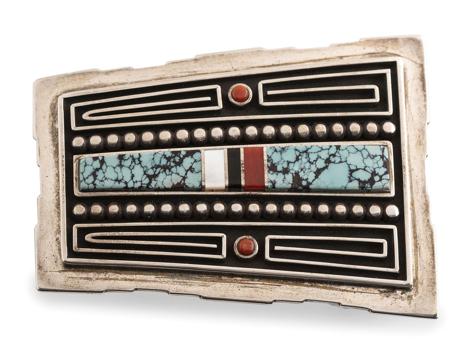 Silver Belt Buckle, with Turquoise, Coral, Jet, and Shell Inlay