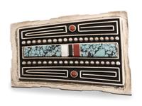 Silver Belt Buckle, with Turquoise, Coral, Jet, and Shell Inlay