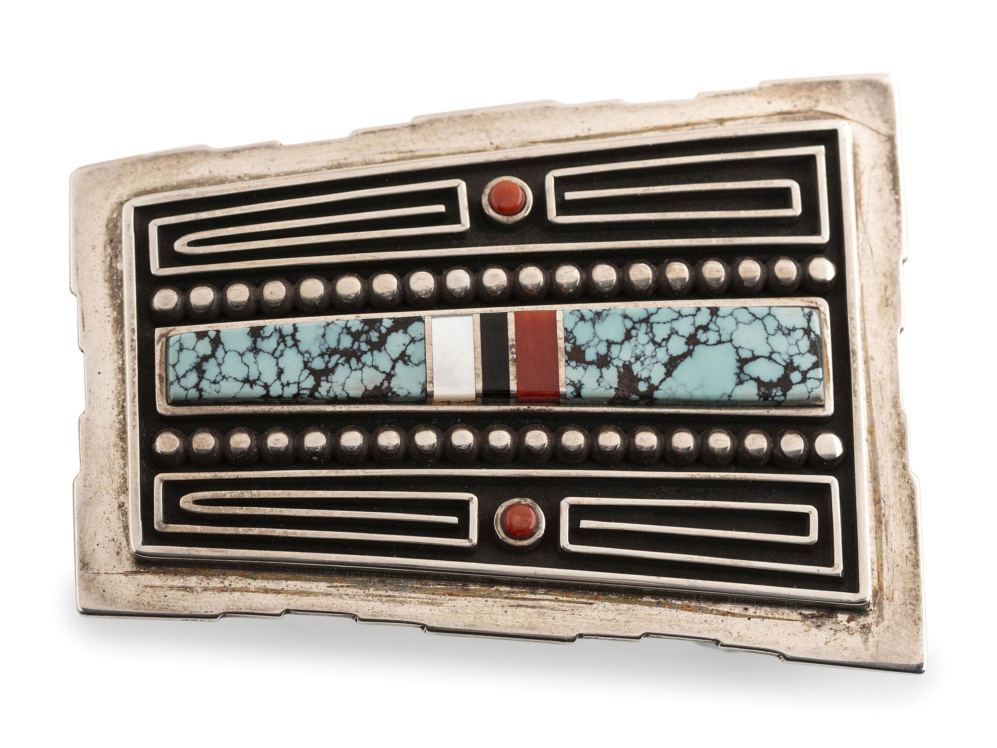 Silver Belt Buckle, with Turquoise, Coral, Jet, and Shell Inlay