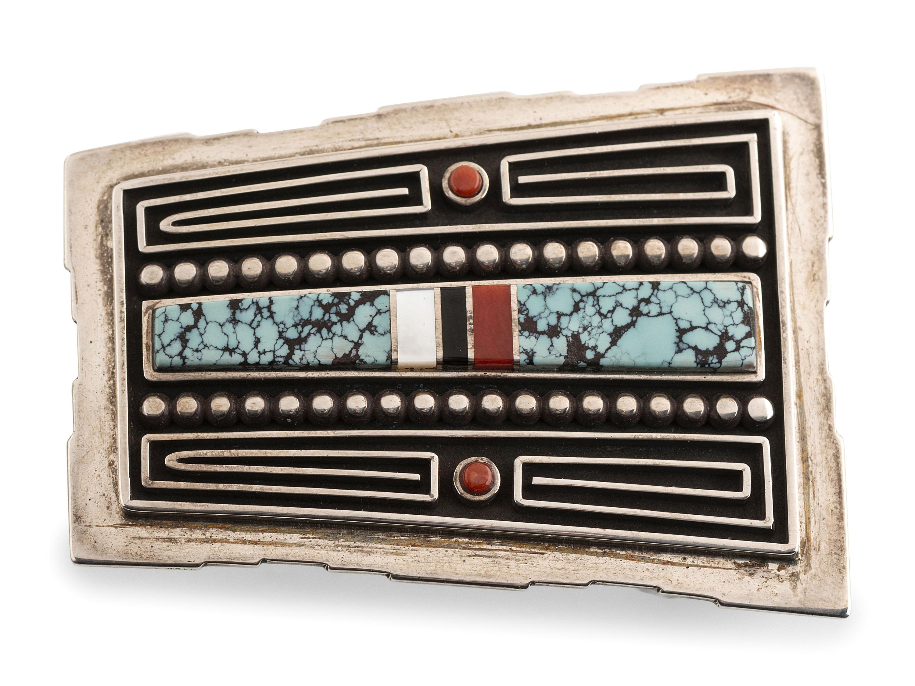 Silver Belt Buckle, with Turquoise, Coral, Jet, and Shell Inlay