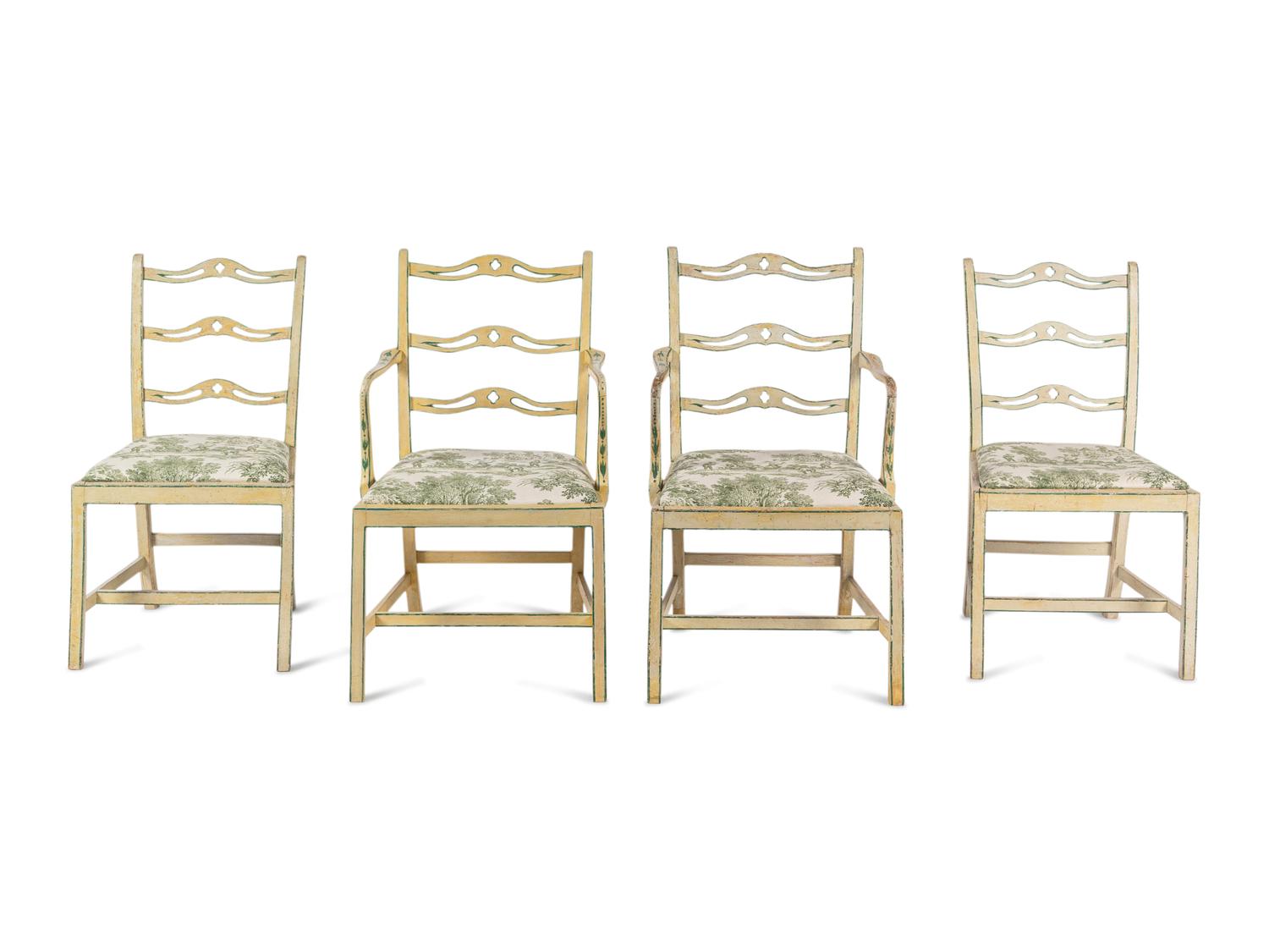 A Set of Four George III Cream and Green-Painted Ladder-Back Dining Chairs