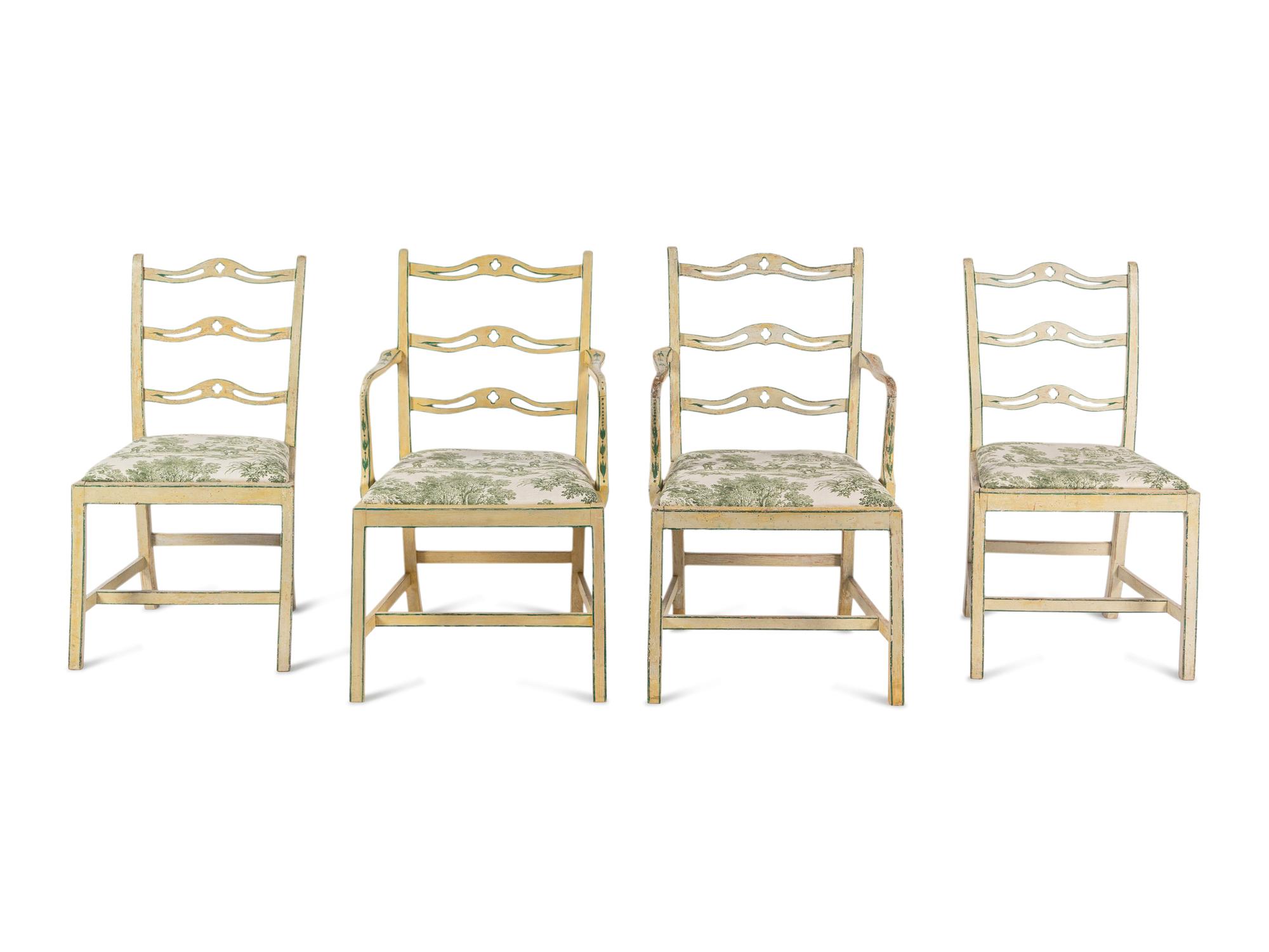 A Set of Four George III Cream and Green-Painted Ladder-Back Dining Chairs