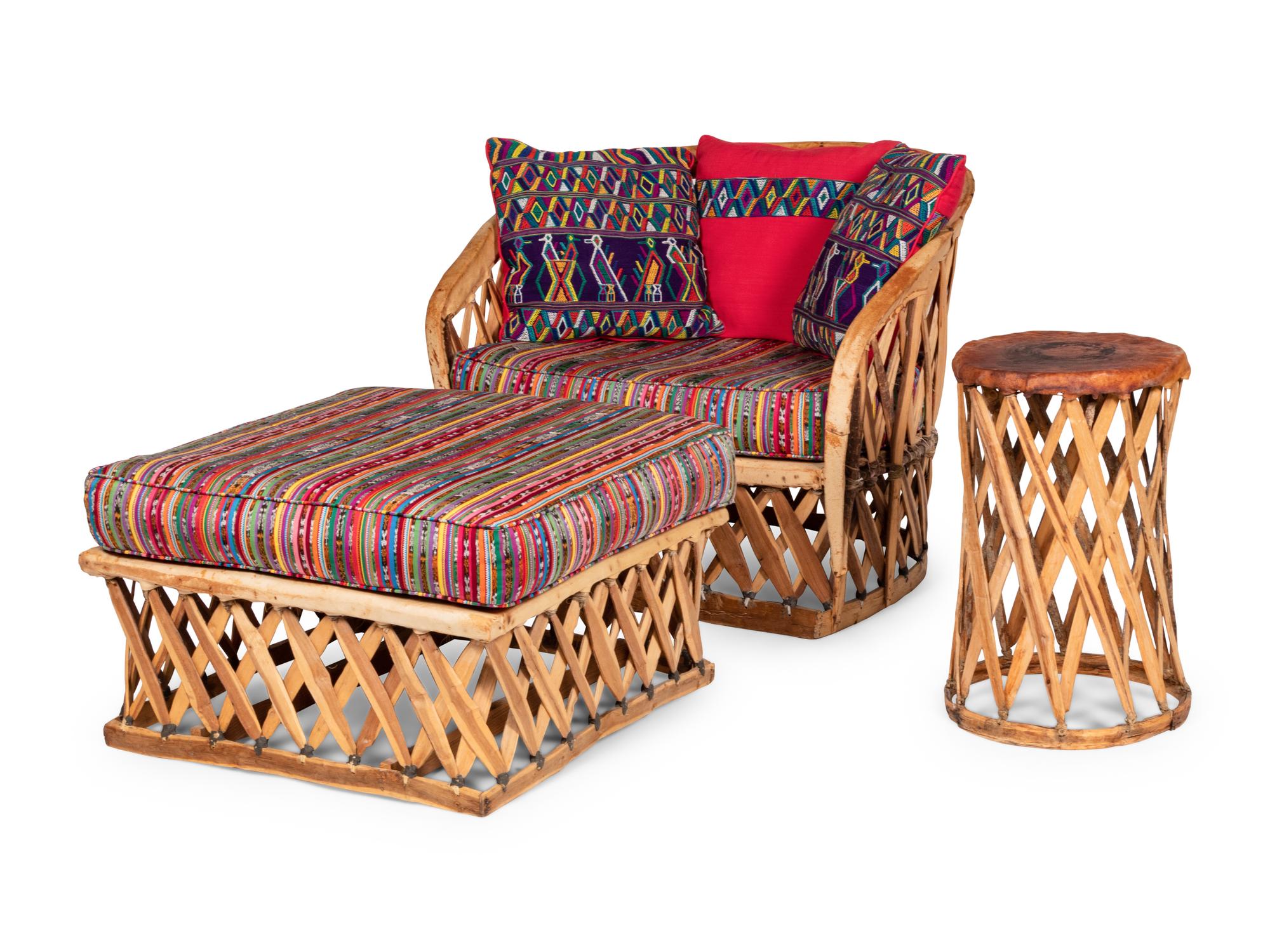 A Mexican Equipale Lounge Chair, Ottoman and Side Table