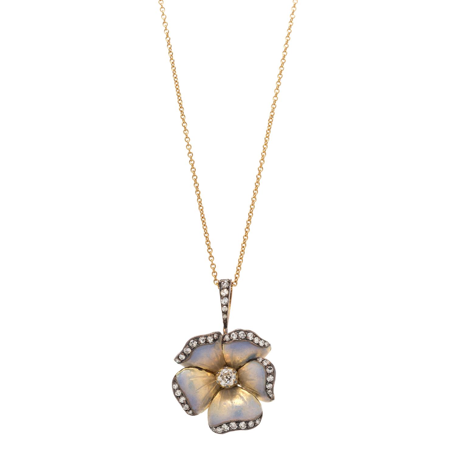 EVELYN CLOTHIER, DIAMOND AND ENAMEL FLOWER PENDANT/NECKLACE