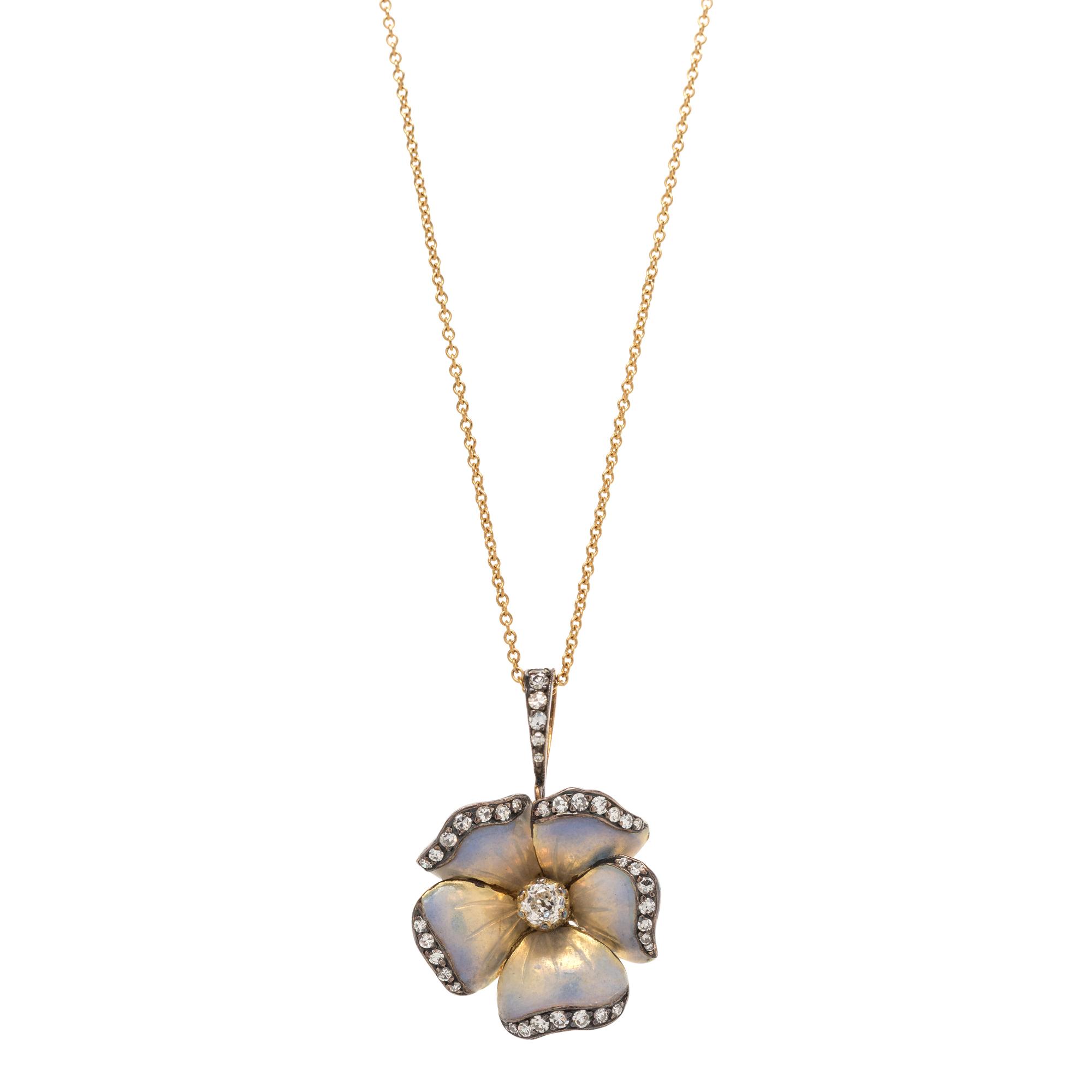 EVELYN CLOTHIER, DIAMOND AND ENAMEL FLOWER PENDANT/NECKLACE