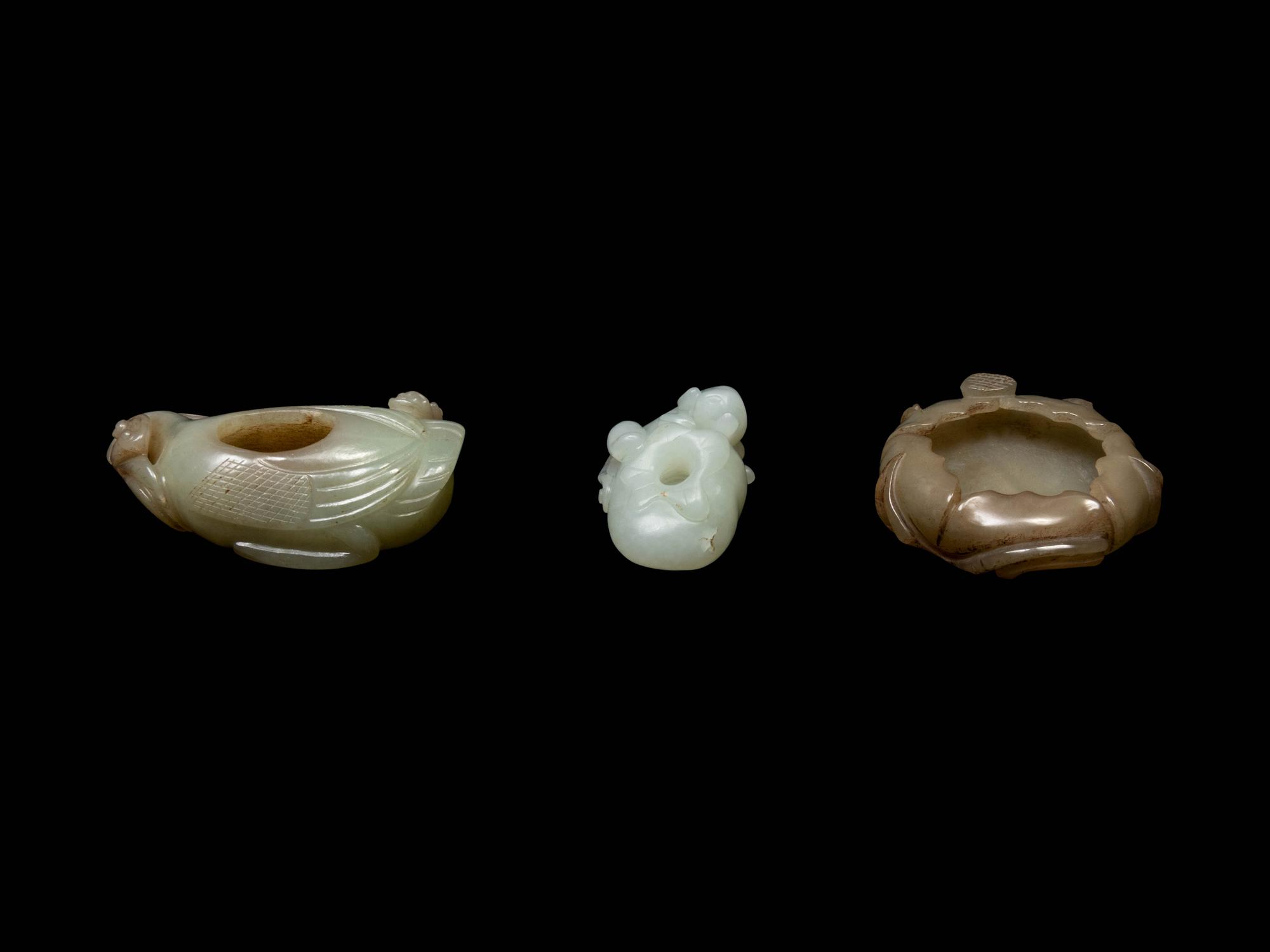 Three Chinese Celadon Jade Carved 'Fruits' Articles