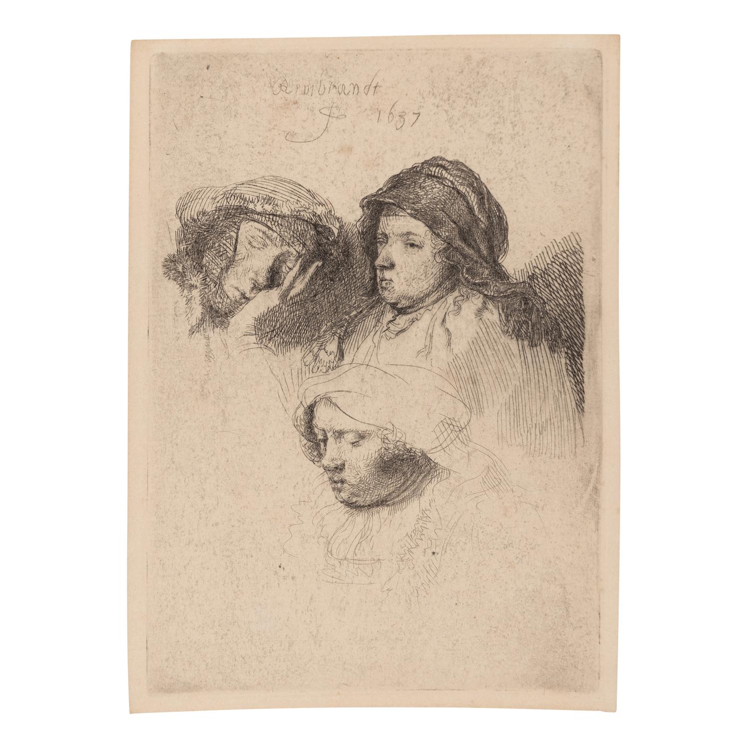 Rembrandt van Rijn (Dutch, 1606–1669) — Three Heads of Women, One Asleep, 1637