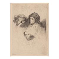 Rembrandt van Rijn (Dutch, 1606–1669) — Three Heads of Women, One Asleep, 1637
