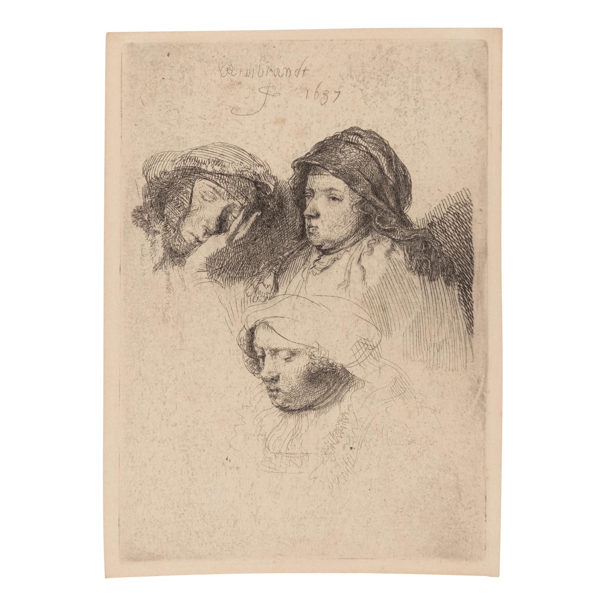 Rembrandt van Rijn (Dutch, 1606–1669) — Three Heads of Women, One Asleep, 1637