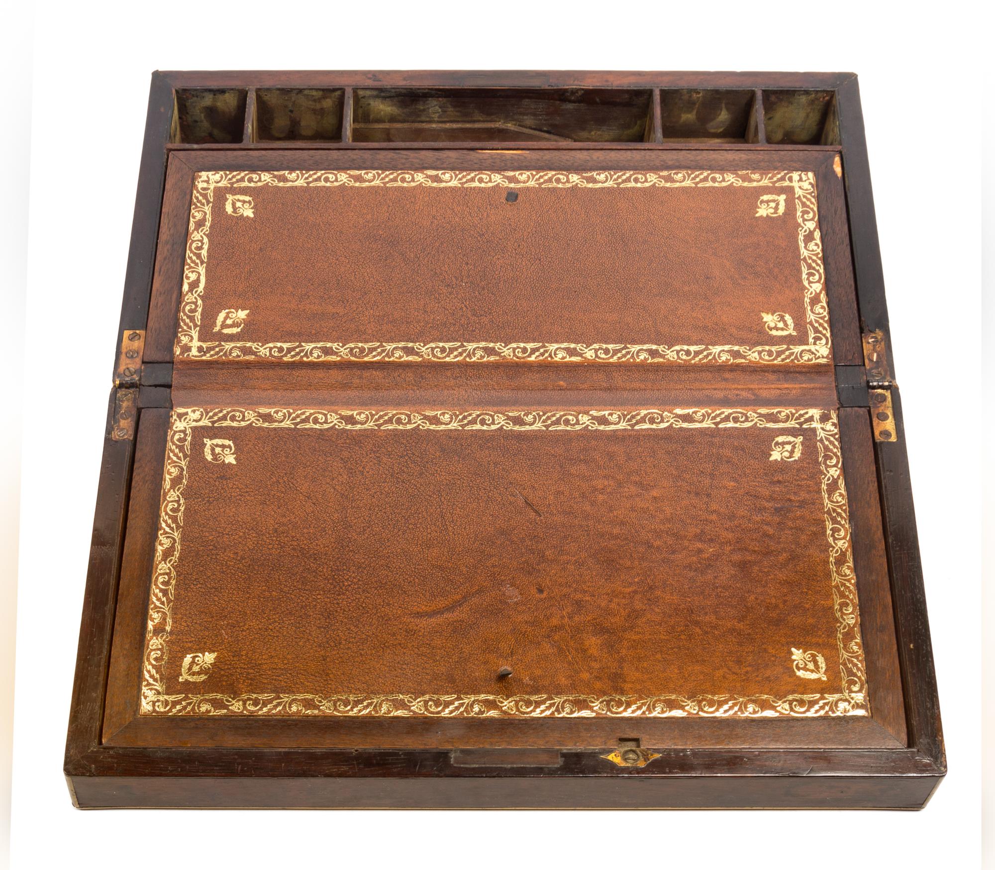 A Victorian Style Brass Inlaid Lap Desk Height 5 1/2 x width 18 1/4 x depth 9 1/2 inches.