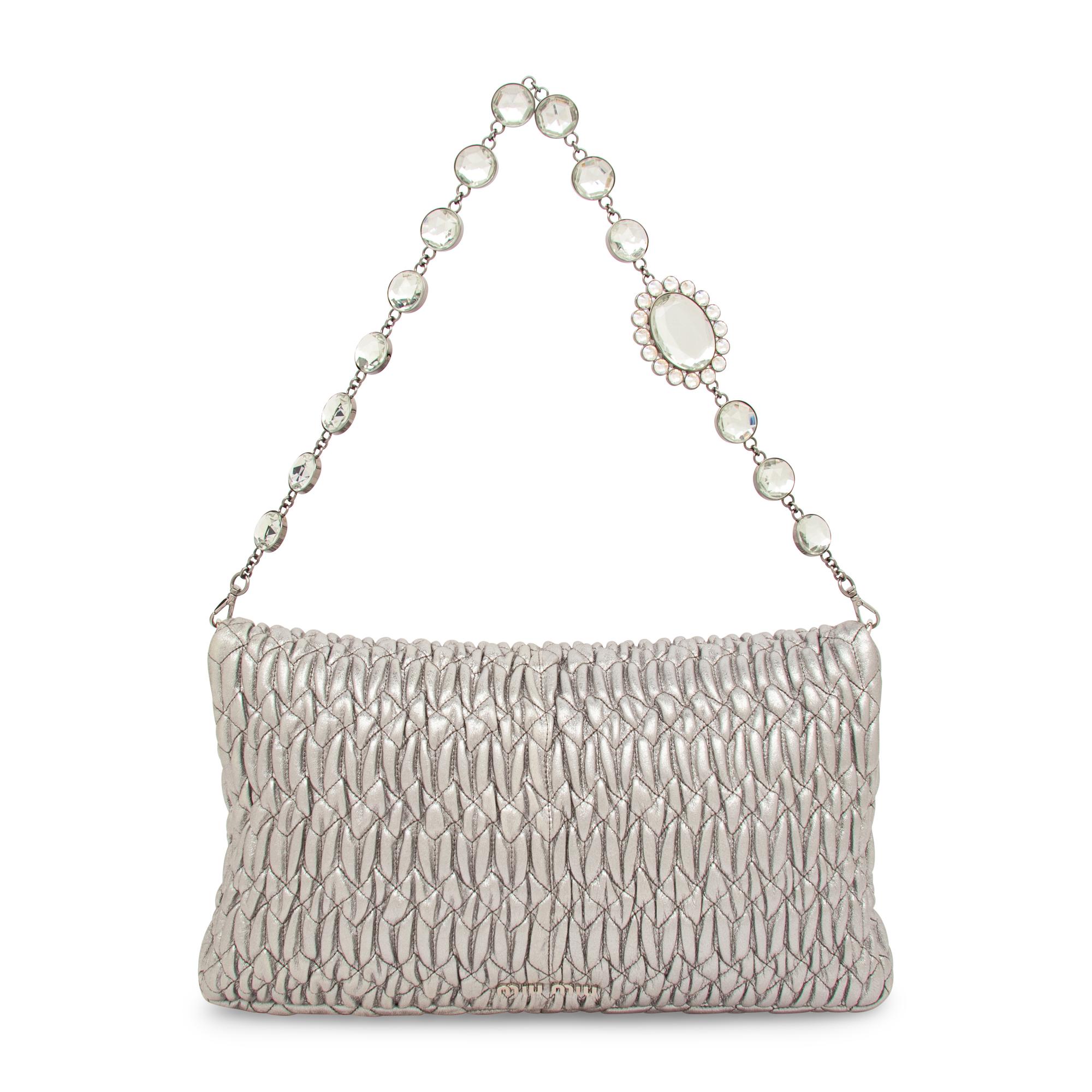 MIU MIU, QUILTED SILVER LEATHER FLAP BAG