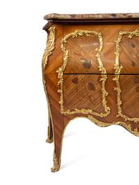 A Louis XV Style Gilt Bronze Mounted Sans Traverse Marquetry Marble-Top Bombe Commode