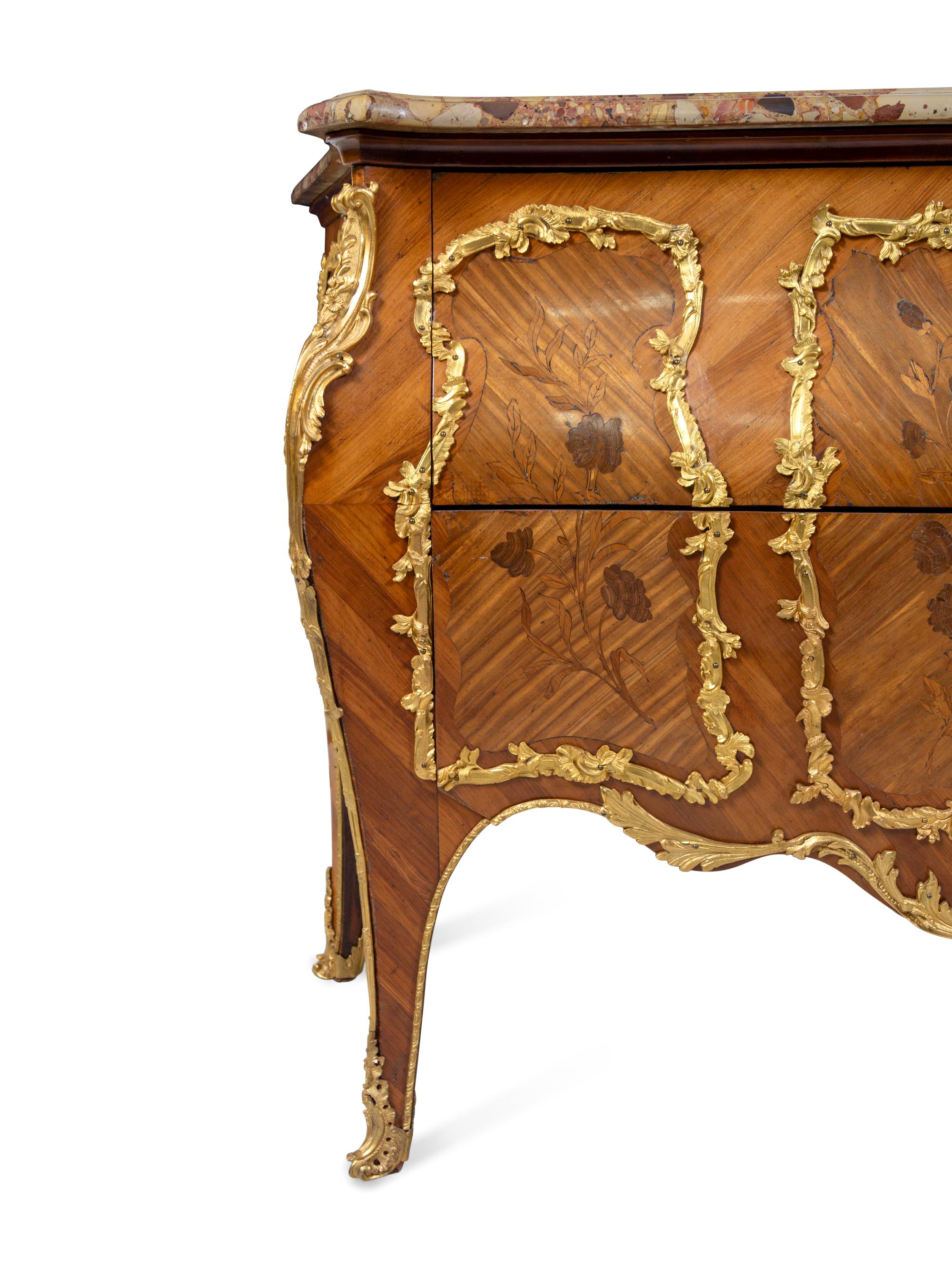 A Louis XV Style Gilt Bronze Mounted Sans Traverse Marquetry Marble-Top Bombe Commode