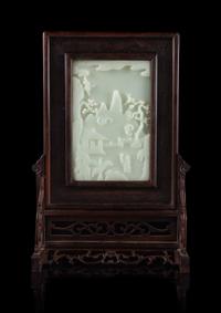 A Chinese Pale Celadon Jade Inset Table Screen Height 14 1/2 inches. — 20TH CENTURY