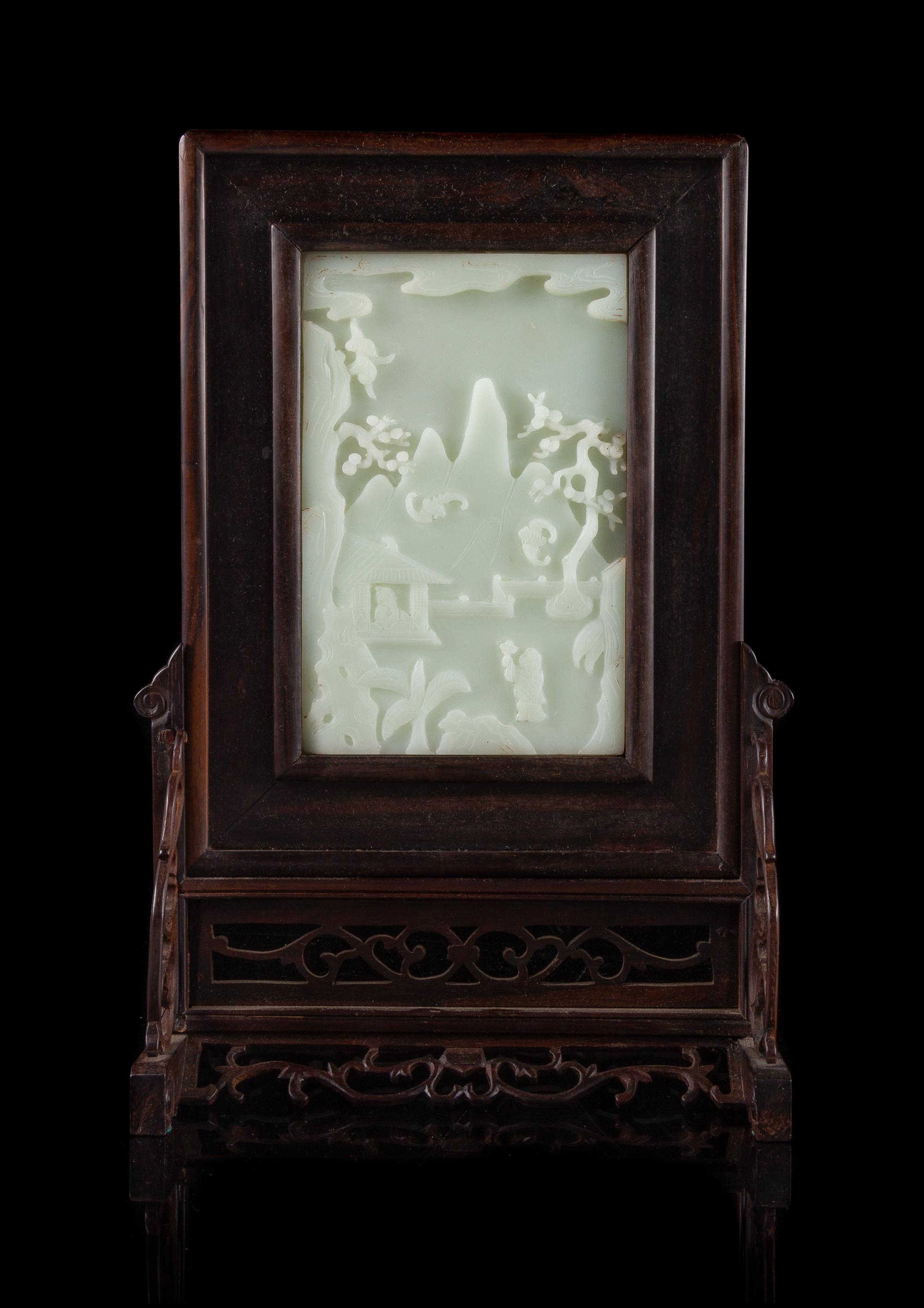 A Chinese Pale Celadon Jade Inset Table Screen Height 14 1/2 inches. — 20TH CENTURY