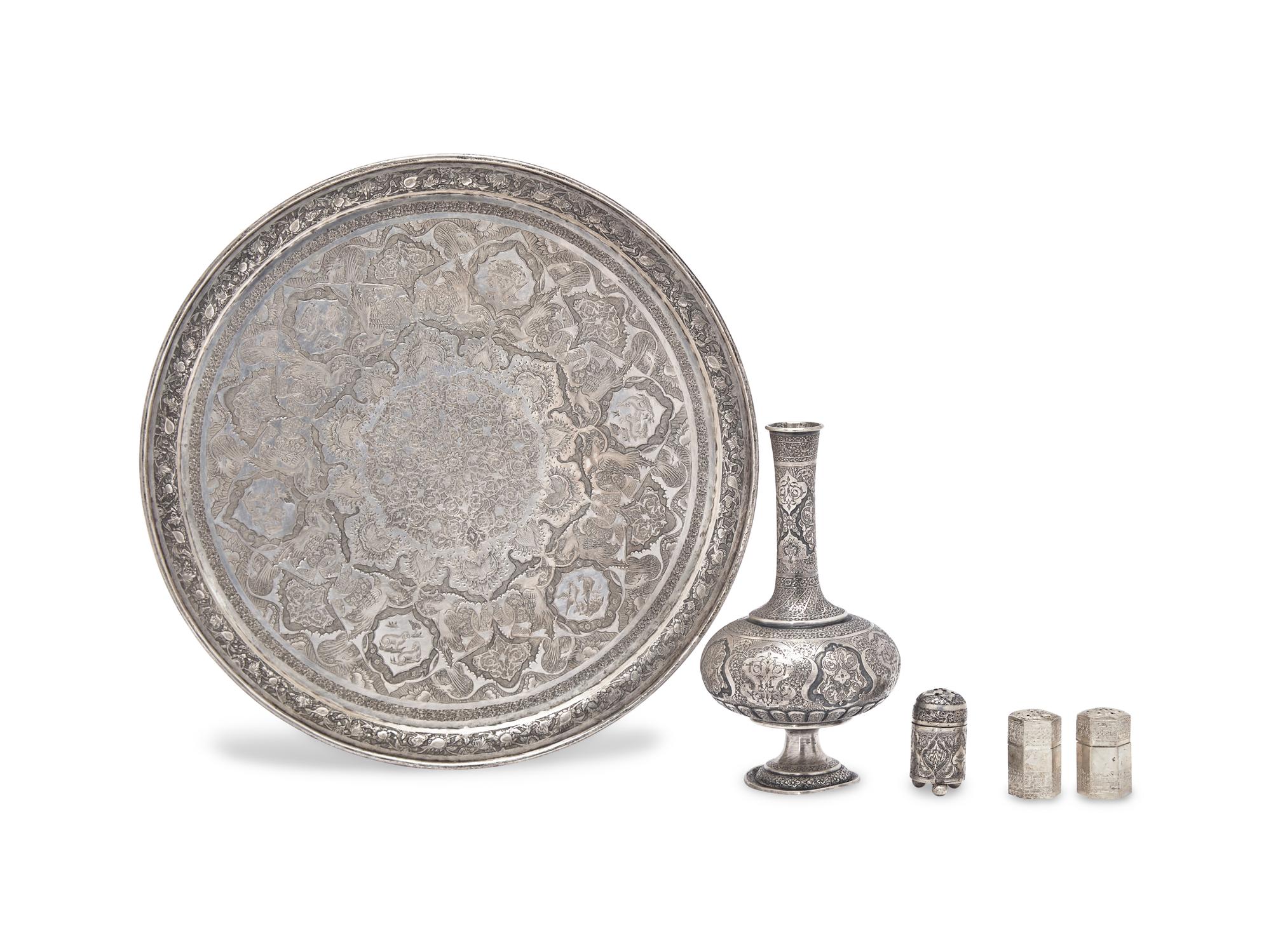 A Group of Five Persian Silver Table Articles