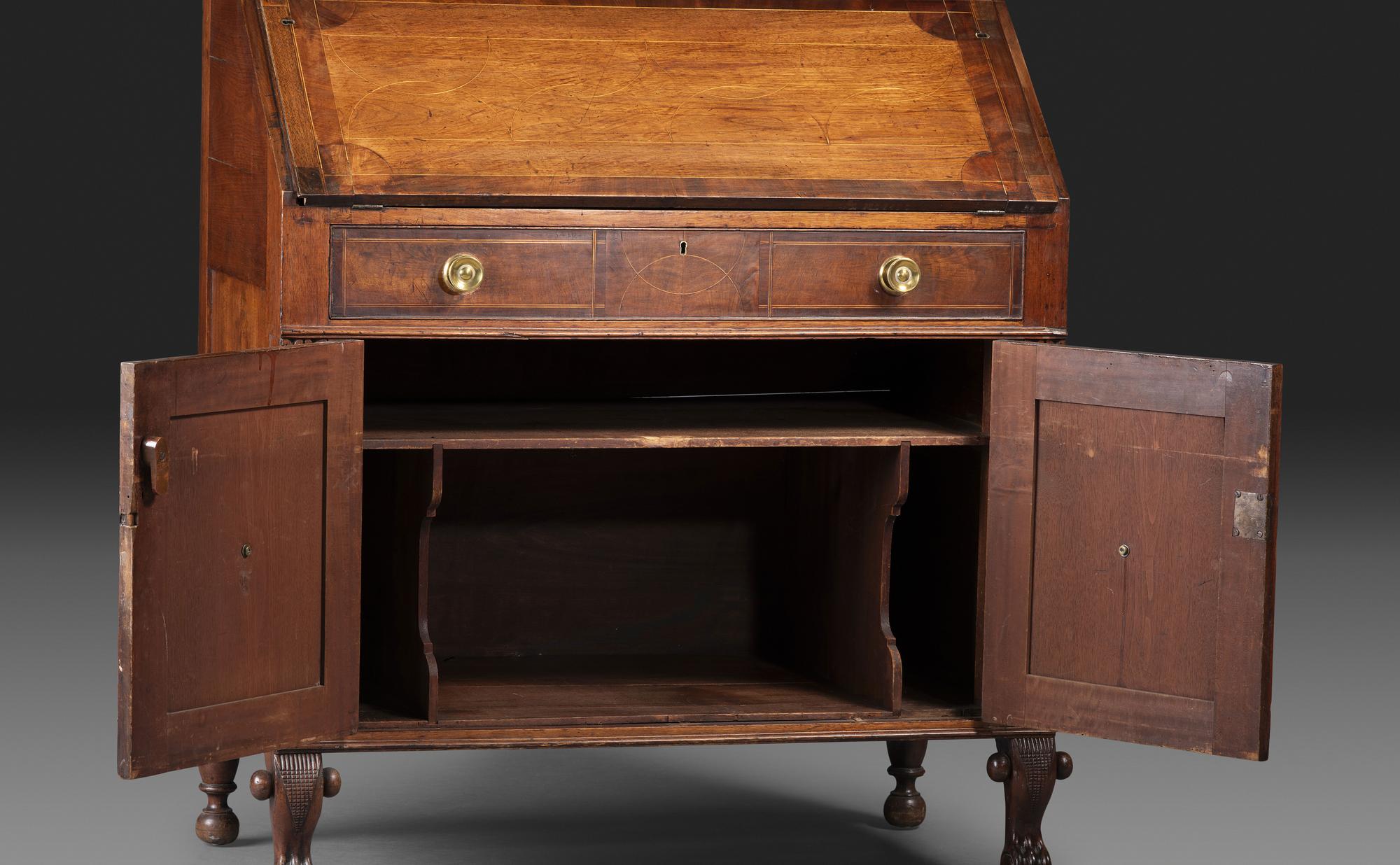 A Late Federal String Inlaid Walnut Slant-Front Secretary Desk