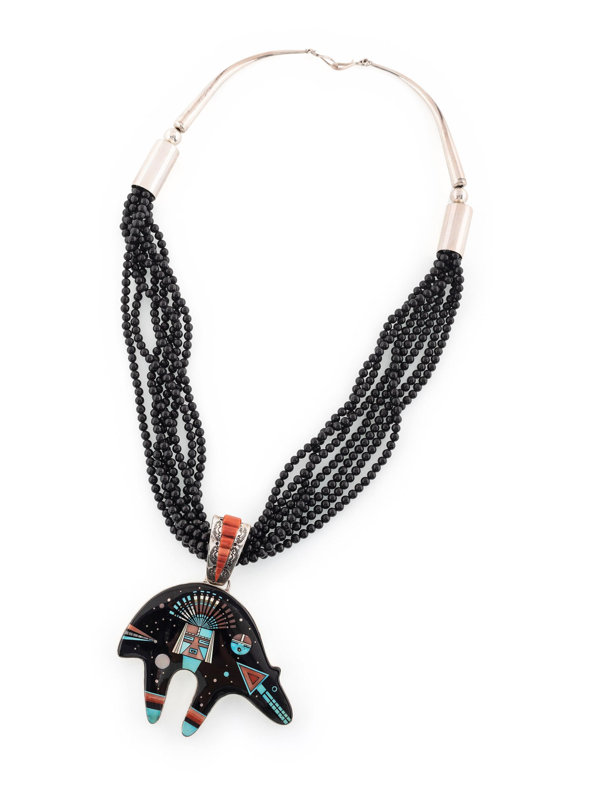Multi-Strand Necklace, with Mosaic Inlay Bear Pendant