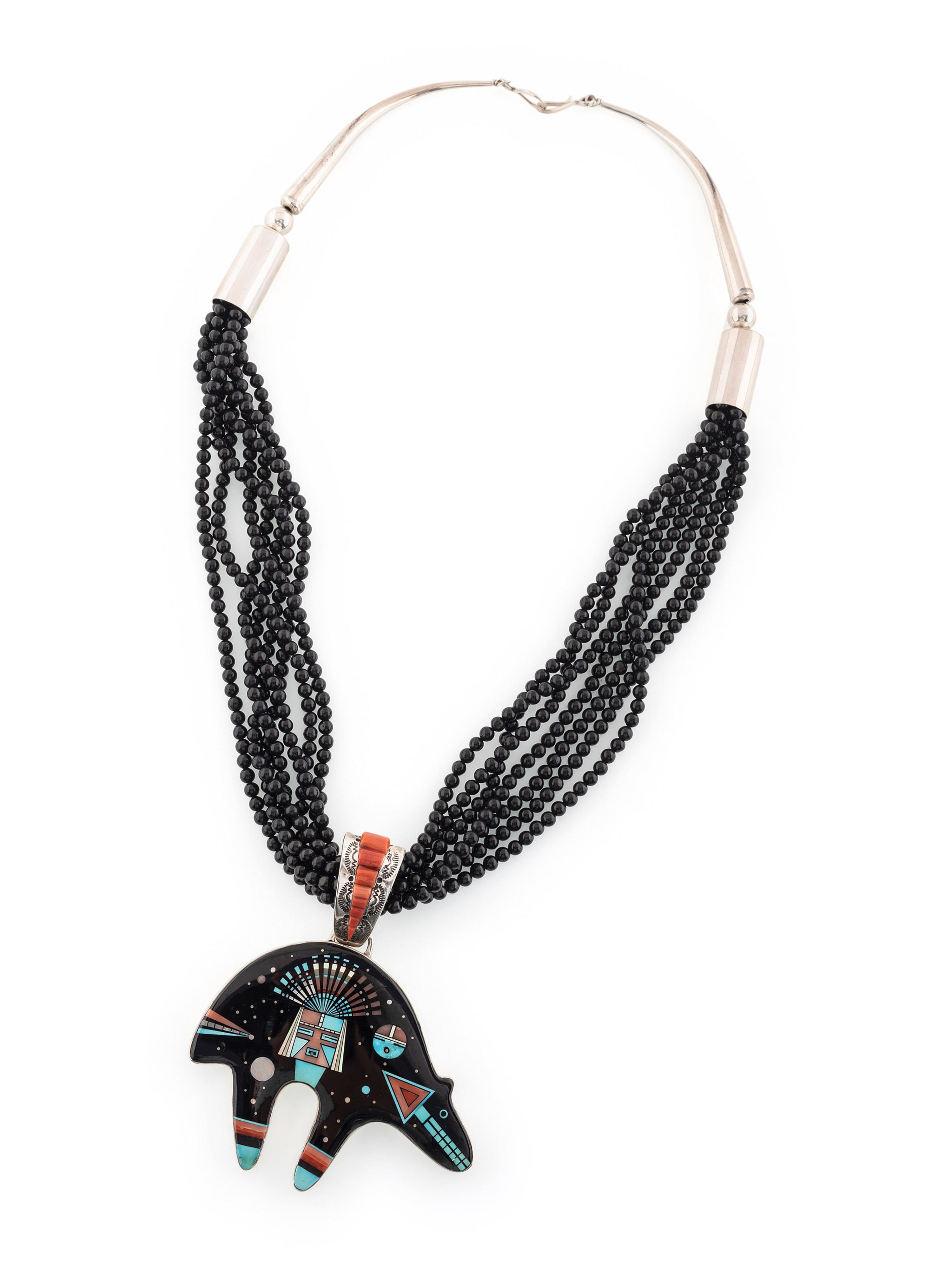 Multi-Strand Necklace, with Mosaic Inlay Bear Pendant