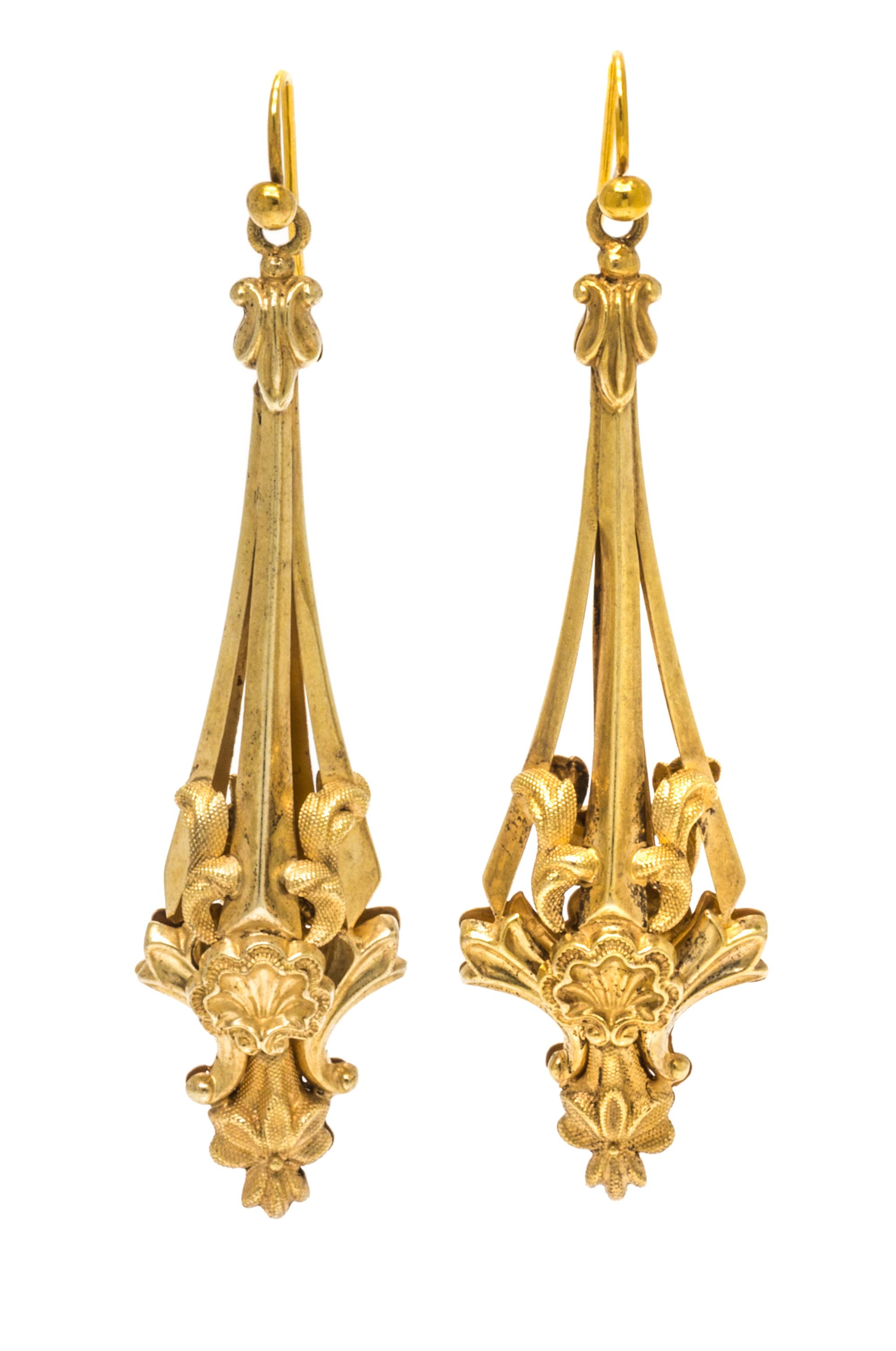 A Pair of Yellow Gold Pendant Earrings, 4.00 dwts.