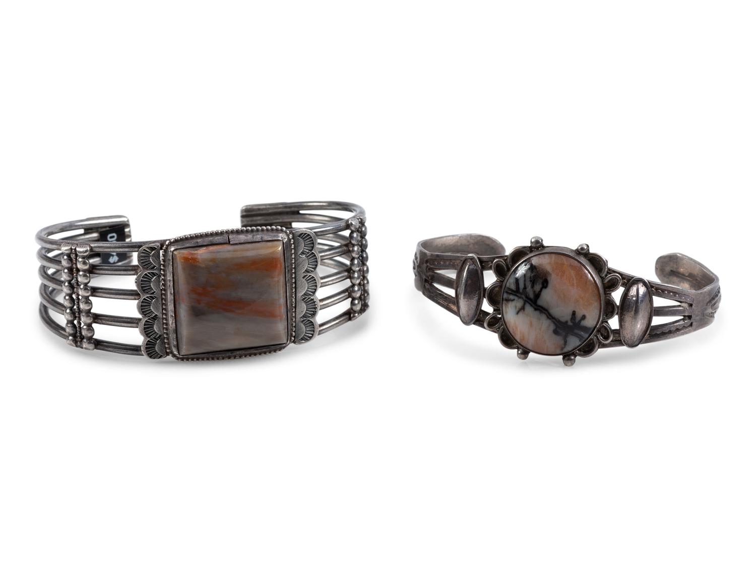 Navajo Silver and Petrified Wood Cuff Bracelets