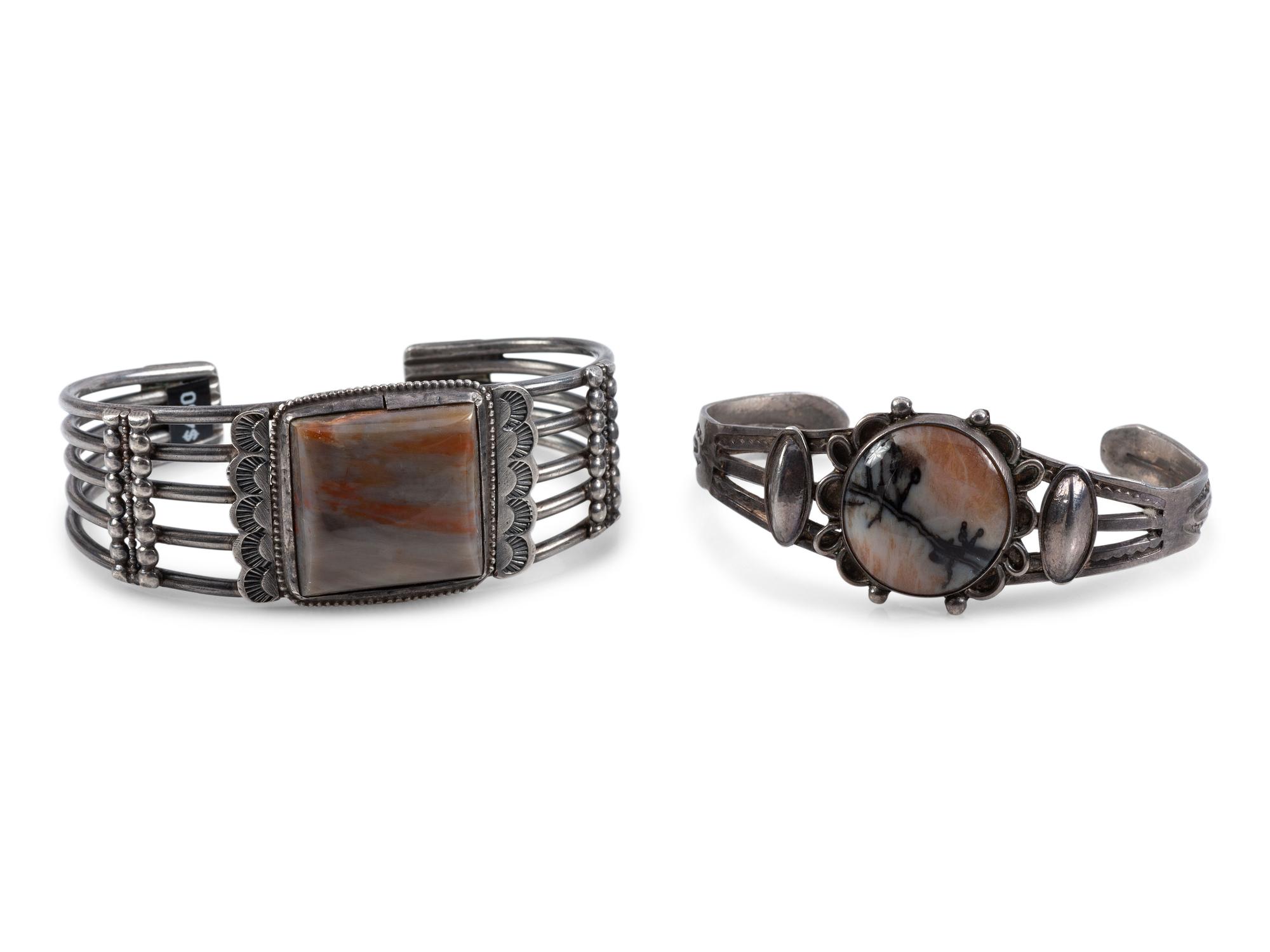Navajo Silver and Petrified Wood Cuff Bracelets