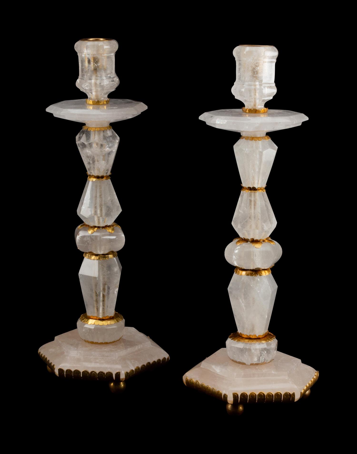 A Large Pair of Louis XVI Style Gilt-Metal-Mounted Rock Crystal Candlesticks