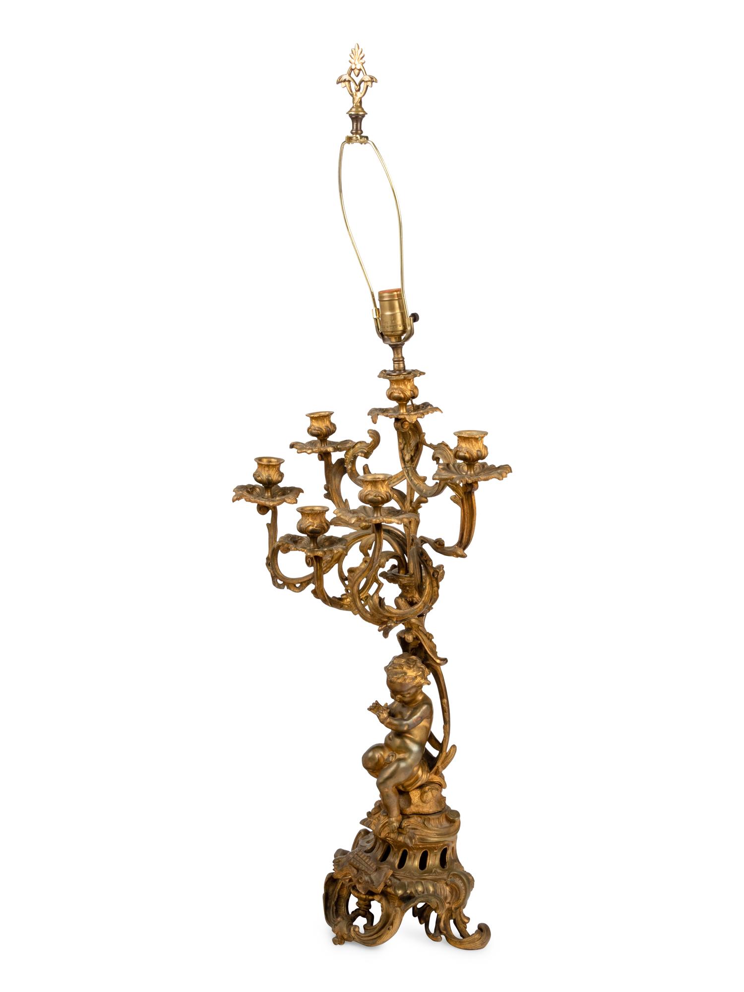 A Louis XV Style Gilt Bronze Six-Light Candelabrum Mounted as a Lamp