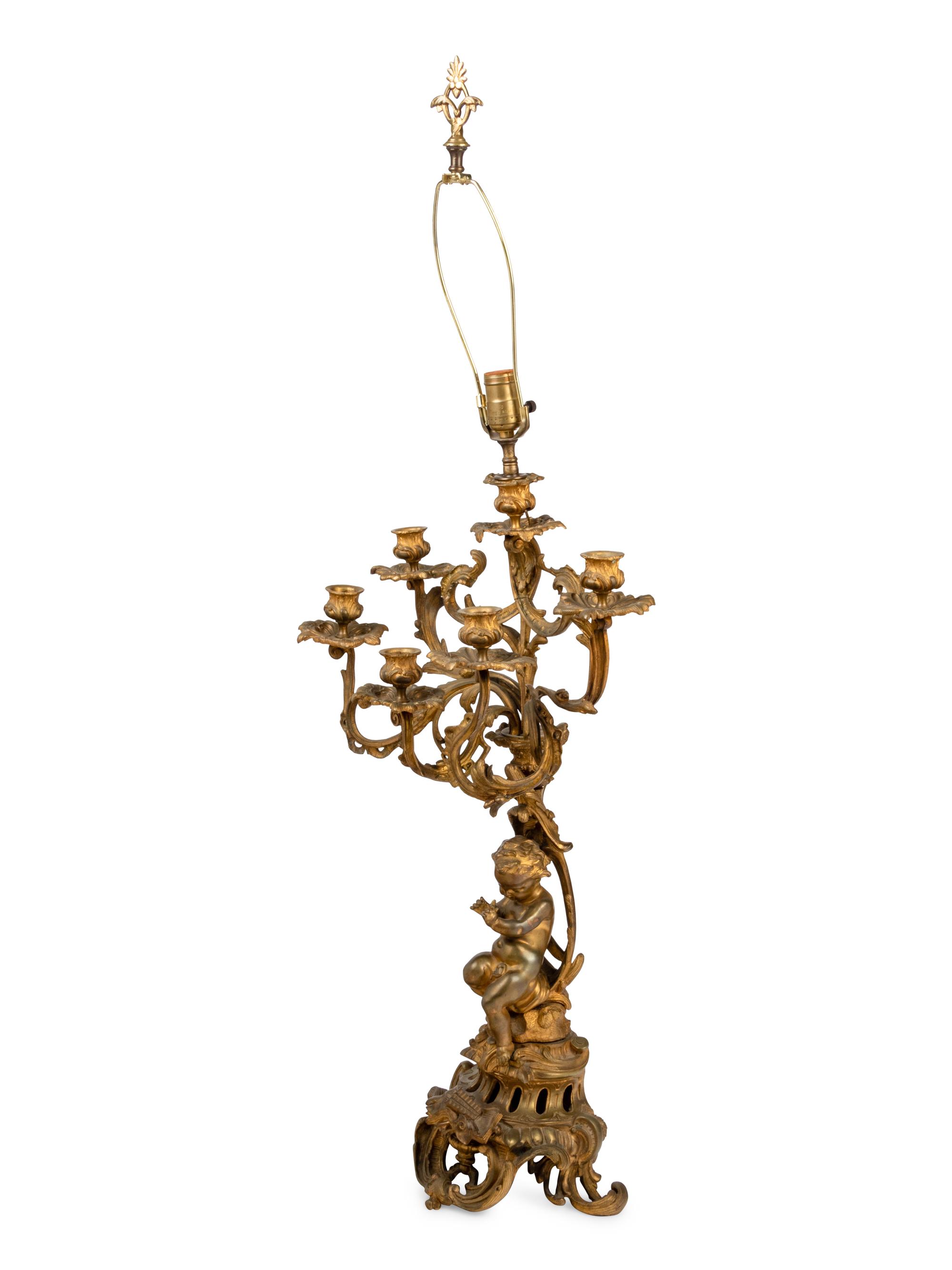 A Louis XV Style Gilt Bronze Six-Light Candelabrum Mounted as a Lamp