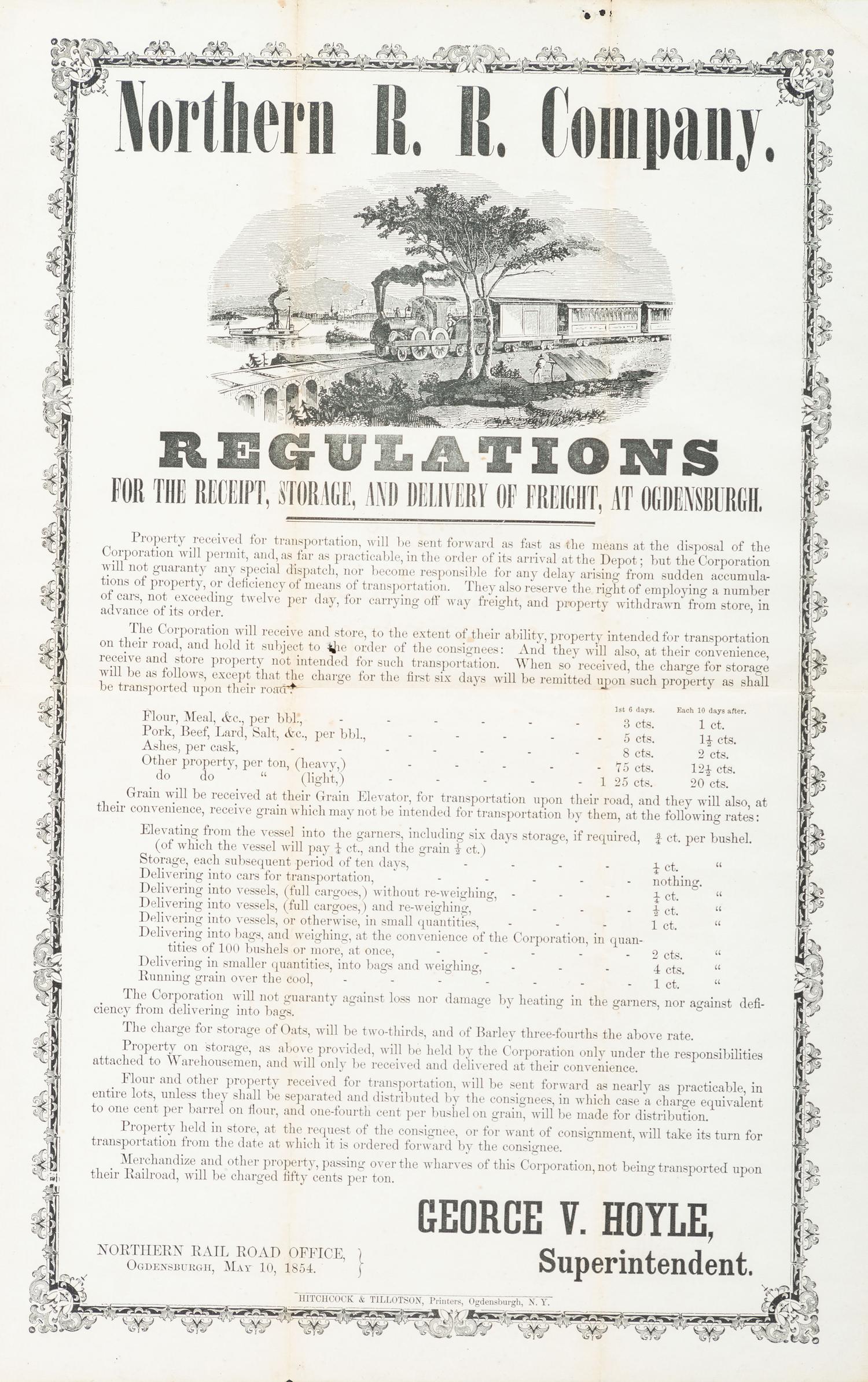 [TRANSPORTATION]. Northern R.R. Company Regulations For the Receipt, Storage, and Delivery of Freight, at Ogdensburgh . Ogdensburgh, NY: Hitchcock & Tillotson, 10 May 1854.