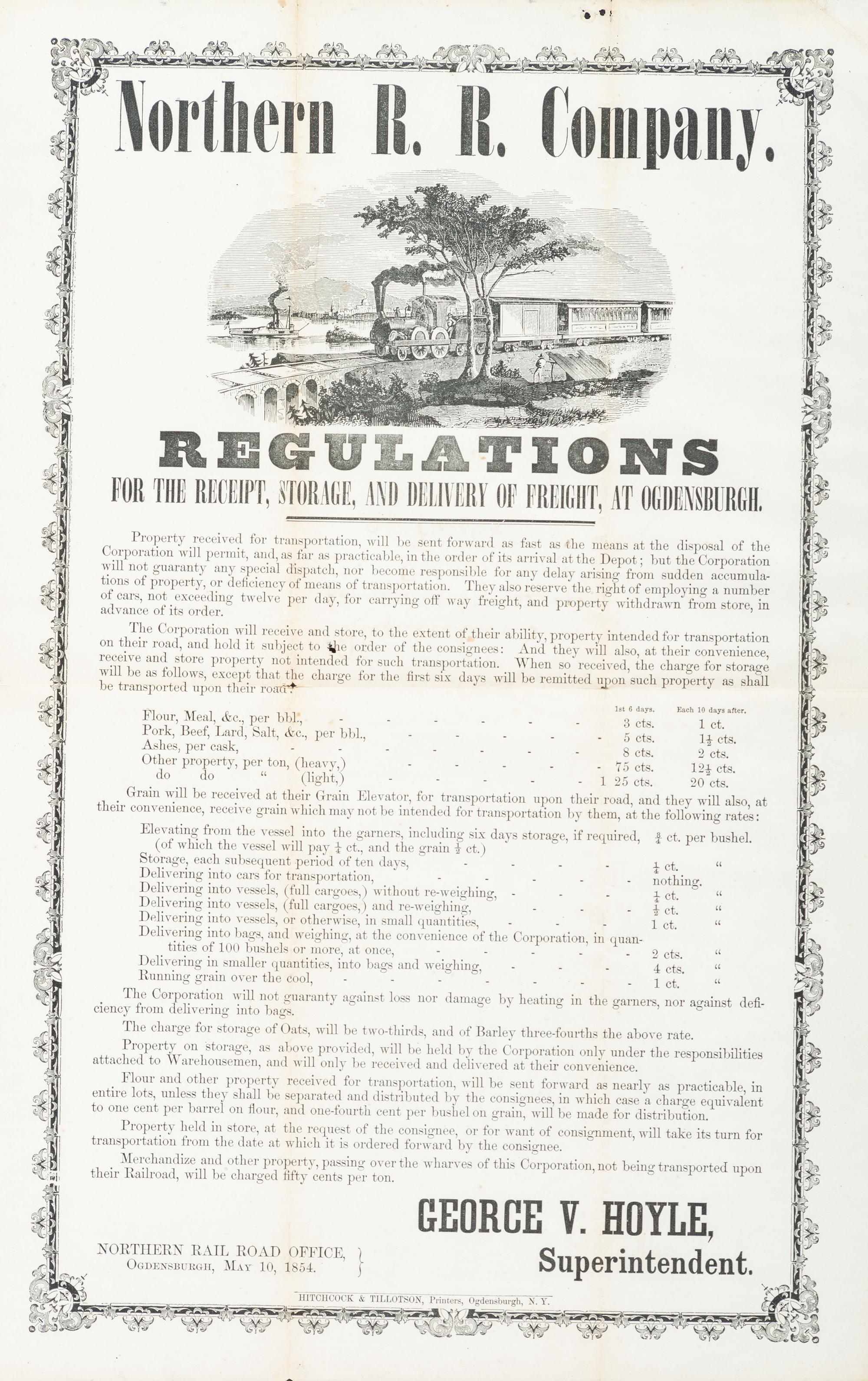 [TRANSPORTATION]. Northern R.R. Company Regulations For the Receipt, Storage, and Delivery of Freight, at Ogdensburgh . Ogdensburgh, NY: Hitchcock & Tillotson, 10 May 1854.