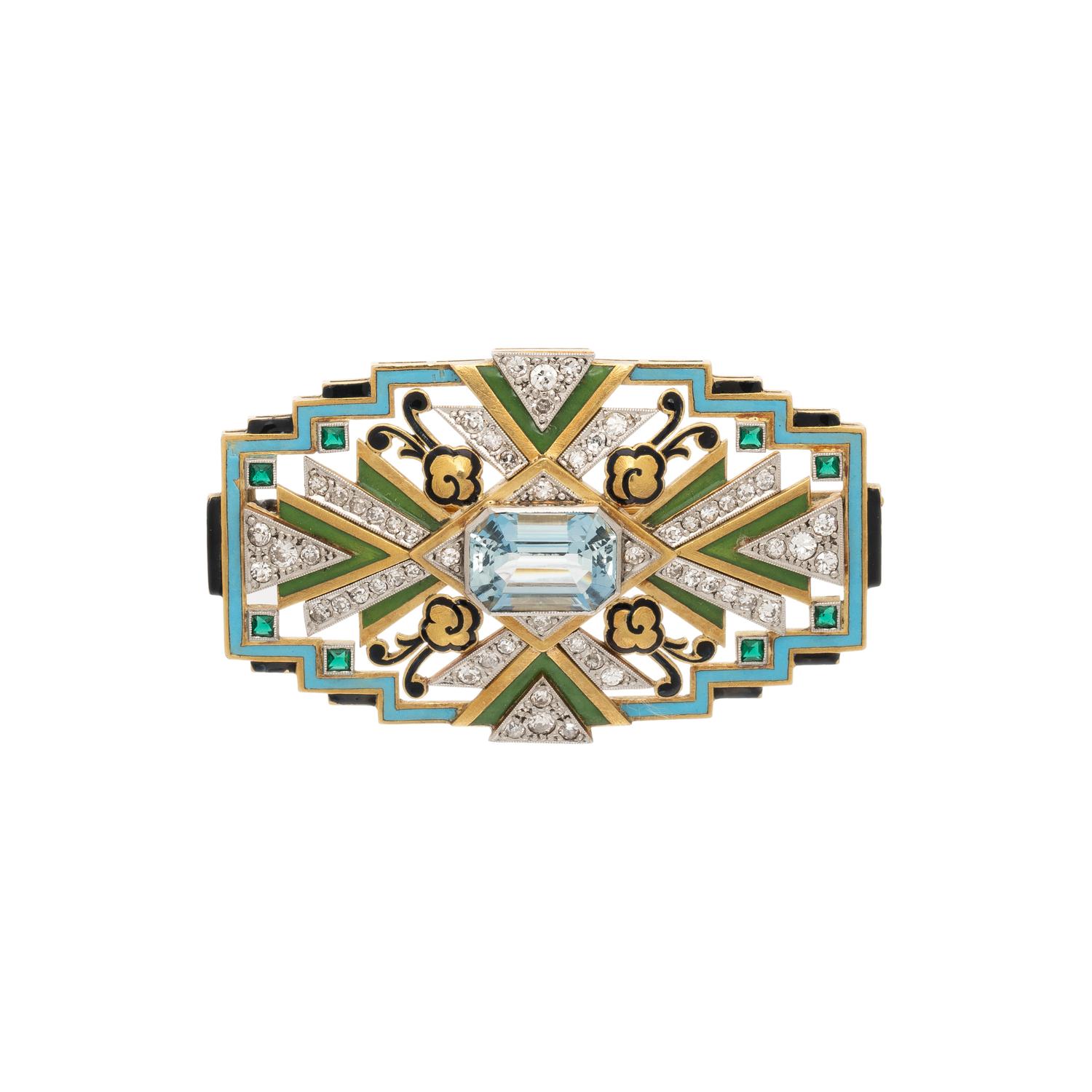 ART DECO, YELLOW GOLD, ENAMEL, AND AQUAMARINE BROOCH