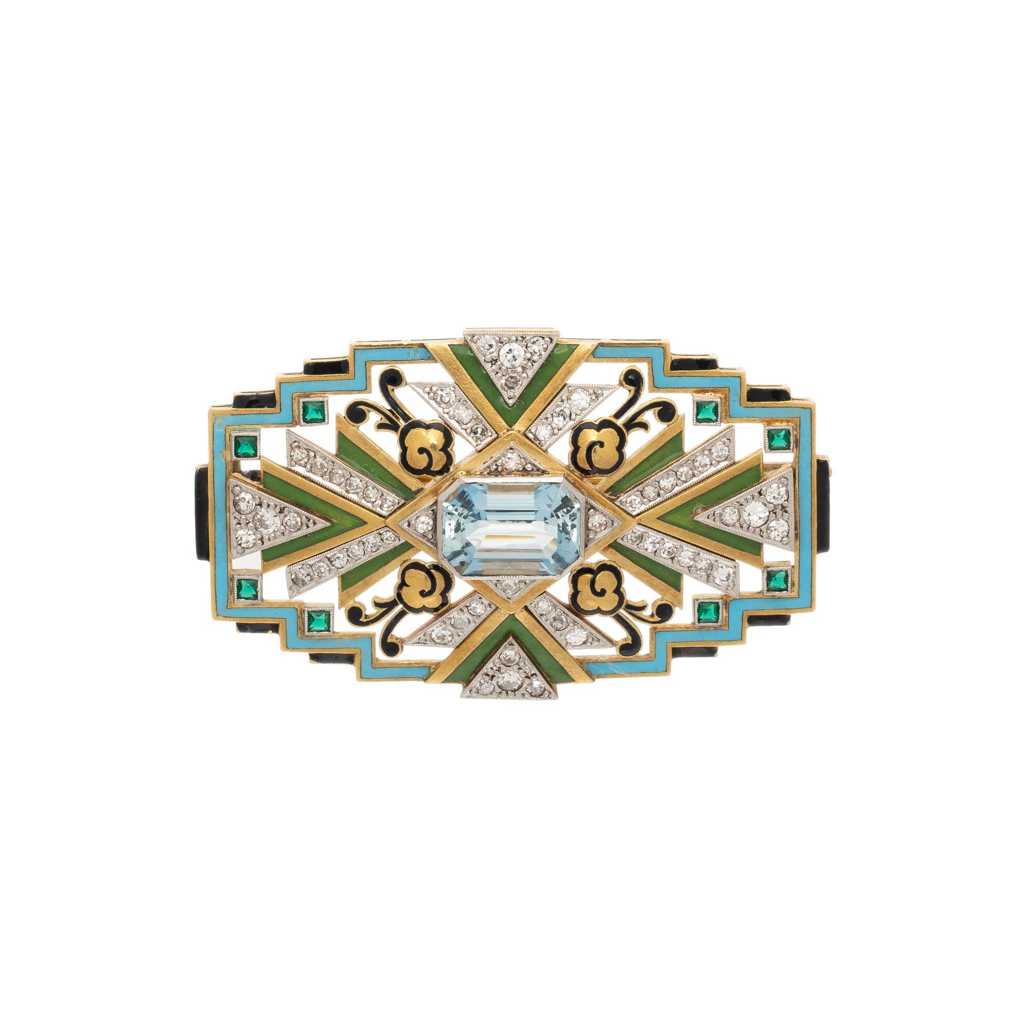 ART DECO, YELLOW GOLD, ENAMEL, AND AQUAMARINE BROOCH