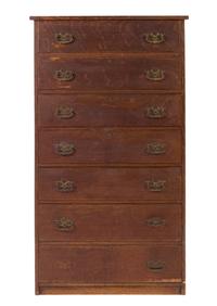 An American Oak Tall Chest of Drawers Height 59 1/2 x width 33 5/8 x depth 18 3/4 inches.