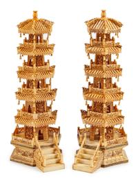 A Pair of Chinese Carved Bone Models of Pagodas