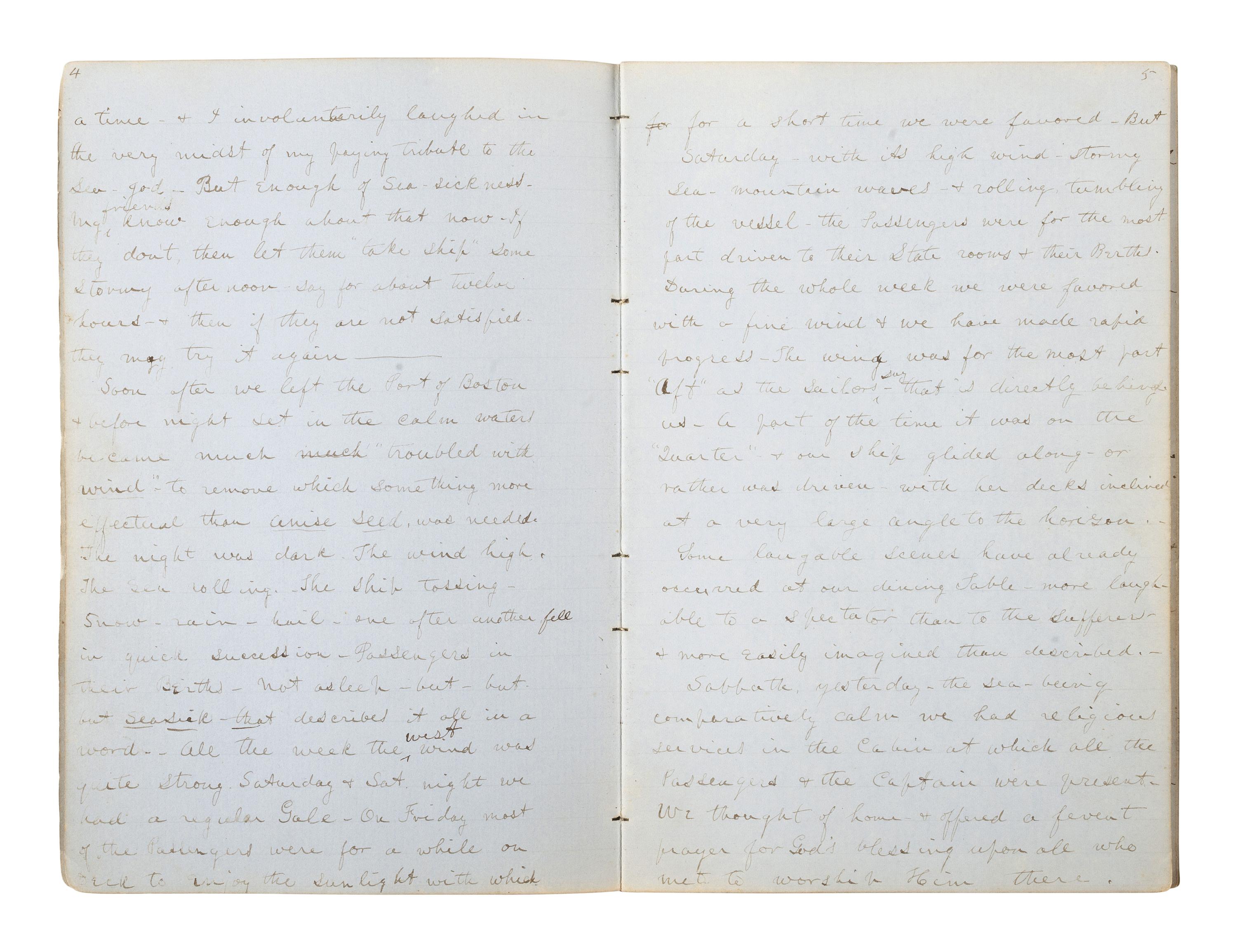 [SHIPWRECK MANUSCRIPT]. JEWETT, Fayette. "Journal of a Voyage from Boston to Smyrna in Bark Edisto Capt. Kendrick." 21 March-29 April 1853.