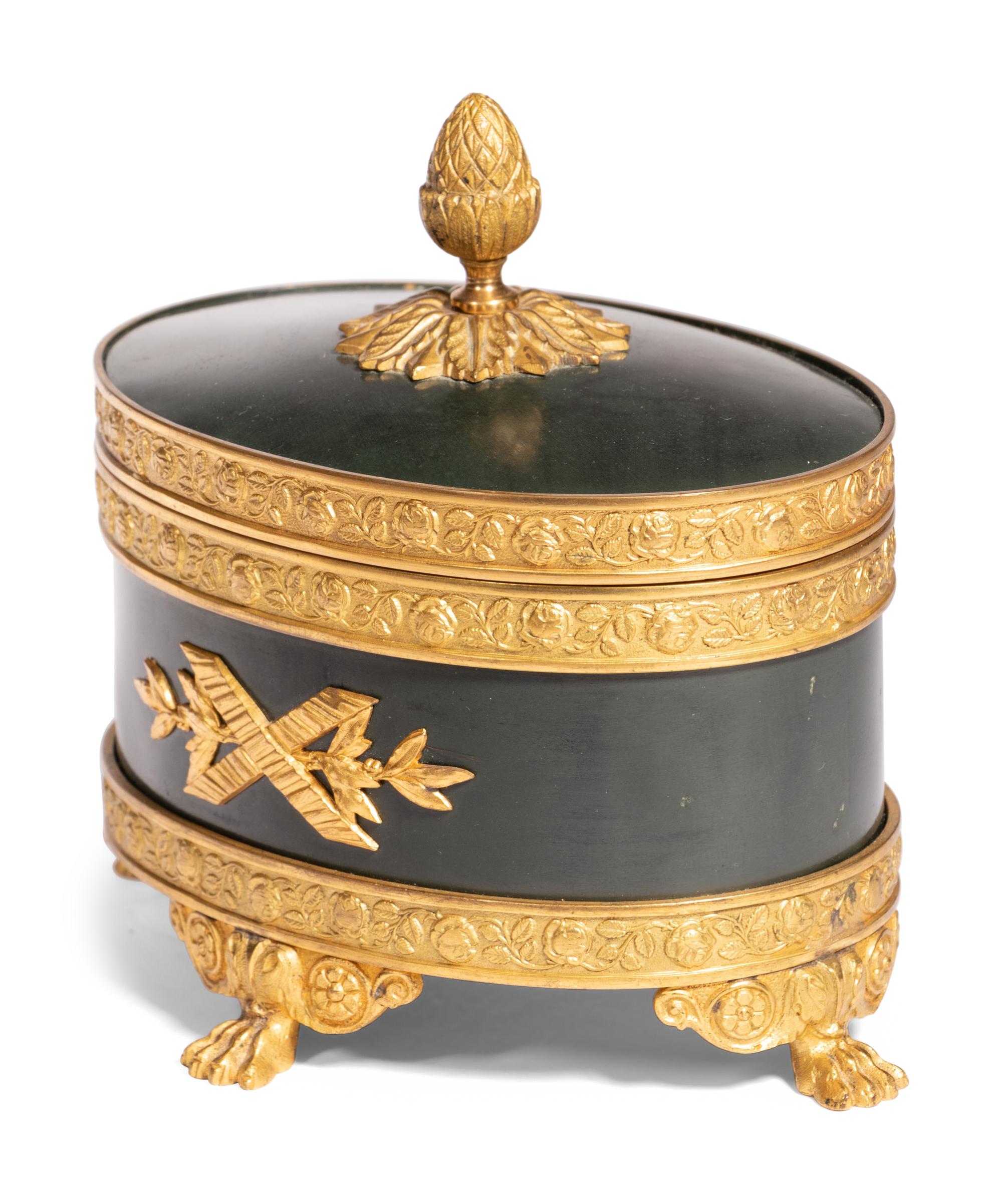 An English Silver Box, an Italian Gilt Metal Box and a Patinated Metal Table Casket