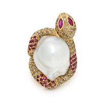SAZINGG, RUBY, COLORED DIAMOND, BAROQUE CULTURED PEARL, AND YELLOW GOLD SNAKE RING