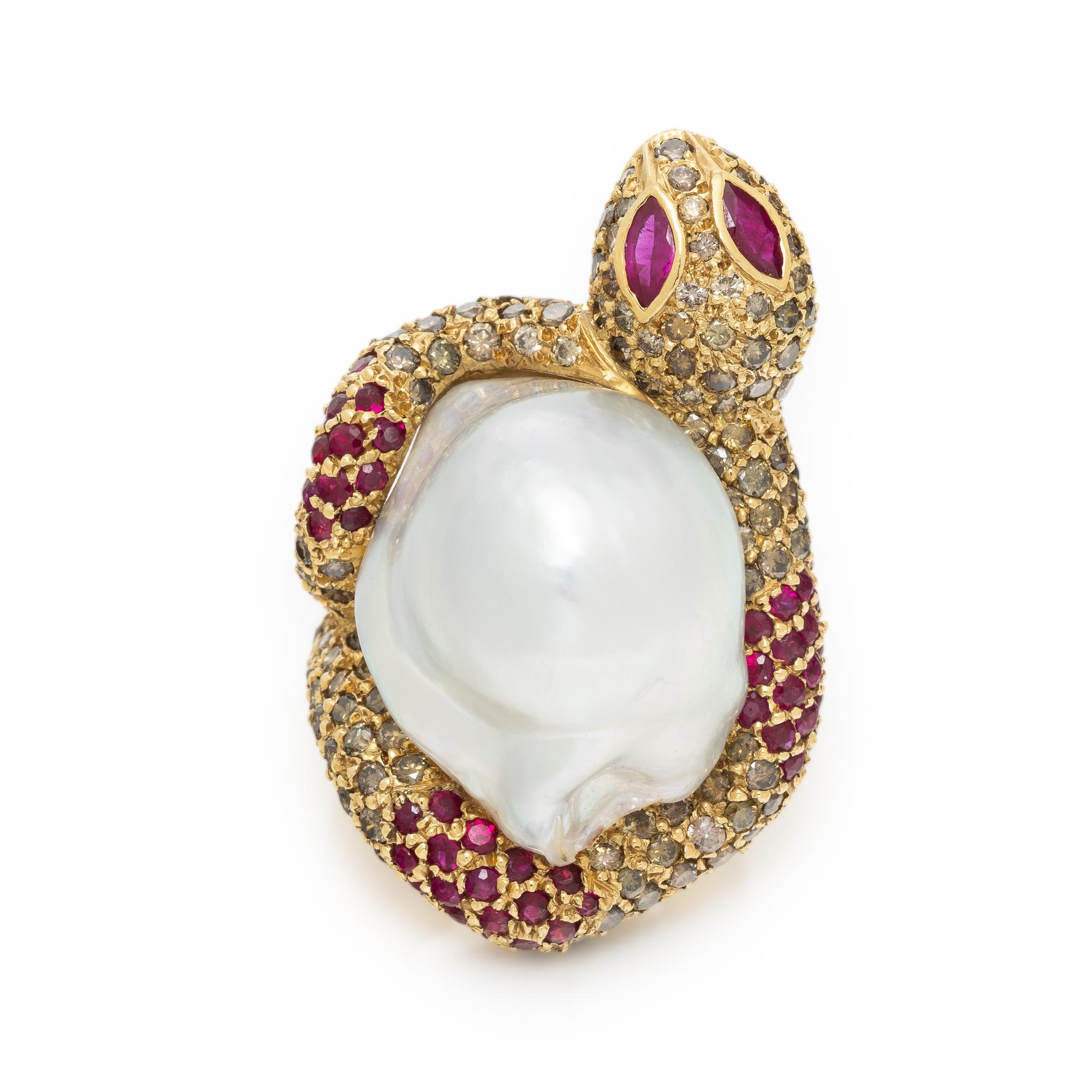 SAZINGG, RUBY, COLORED DIAMOND, BAROQUE CULTURED PEARL, AND YELLOW GOLD SNAKE RING