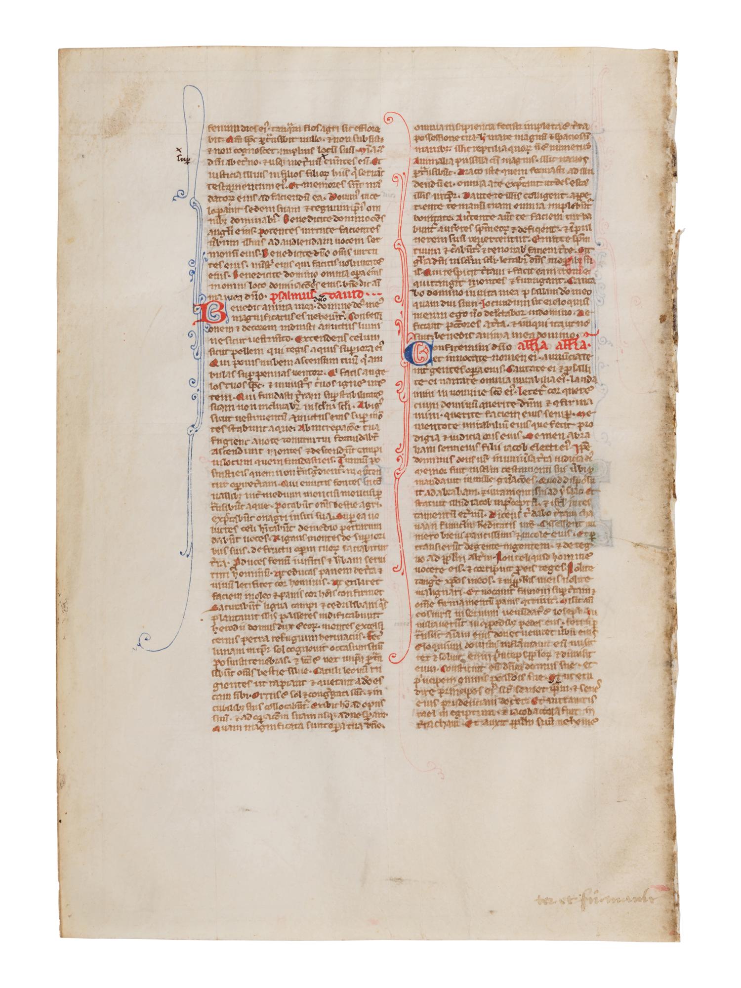 VIE DE SAINT DENIS ATELIER (active Paris, c. 1240-1260) Four leaves from a Bible, including one spectacular historiated initial ‘I’ of the Six Days of Creation and Christ Blessing, one historiated initial ‘D’ of David in Prayer, and one historiated initial D of Solomon with a rod, in Latin, illuminated manuscript on parchment [France, Paris, c. 1240-1260]