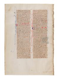 VIE DE SAINT DENIS ATELIER (active Paris, c. 1240-1260) Four leaves from a Bible, including one spectacular historiated initial ‘I’ of the Six Days of Creation and Christ Blessing, one historiated initial ‘D’ of David in Prayer, and one historiated initial D of Solomon with a rod, in Latin, illuminated manuscript on parchment [France, Paris, c. 1240-1260]