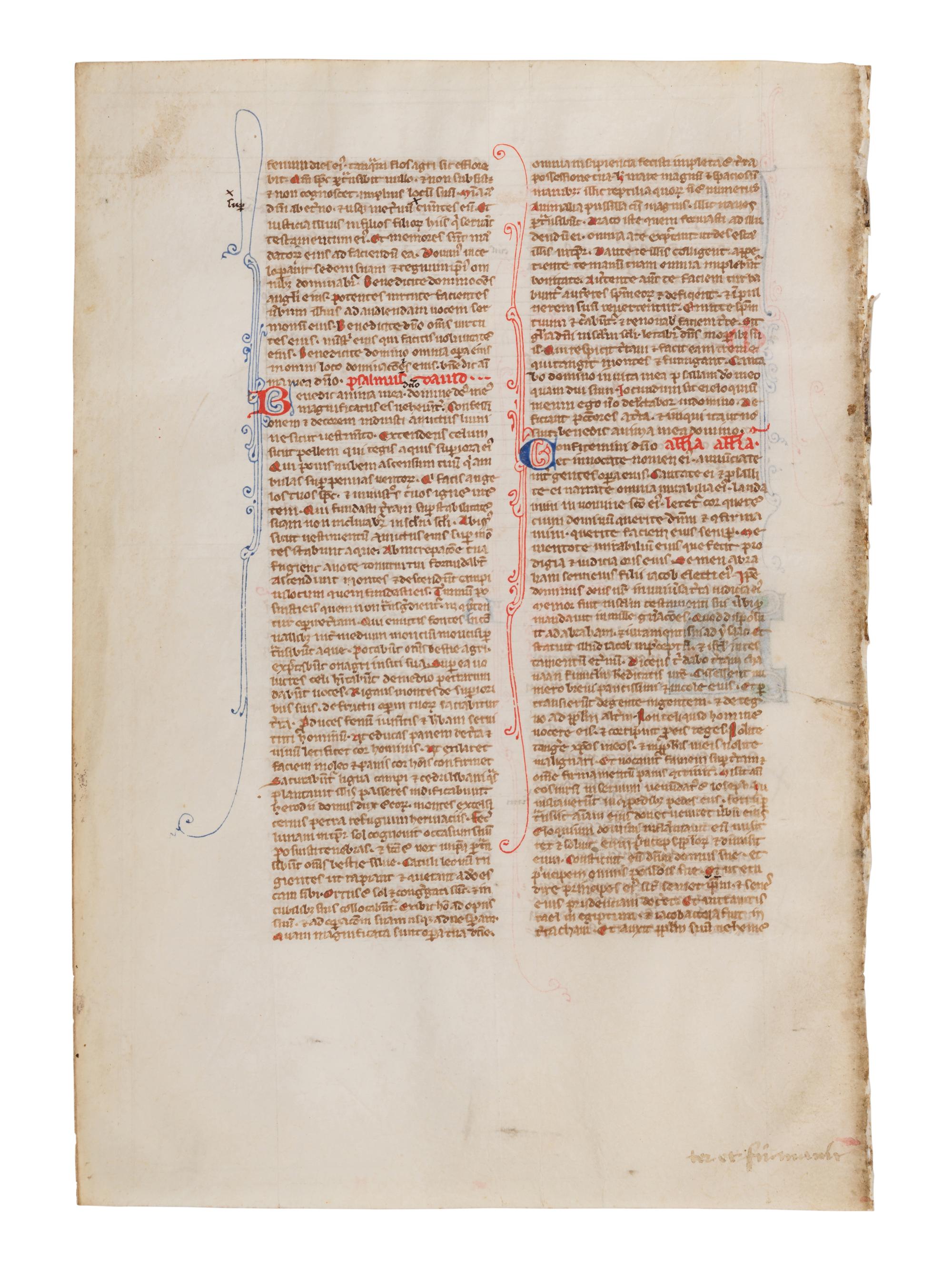 VIE DE SAINT DENIS ATELIER (active Paris, c. 1240-1260) Four leaves from a Bible, including one spectacular historiated initial ‘I’ of the Six Days of Creation and Christ Blessing, one historiated initial ‘D’ of David in Prayer, and one historiated initial D of Solomon with a rod, in Latin, illuminated manuscript on parchment [France, Paris, c. 1240-1260]