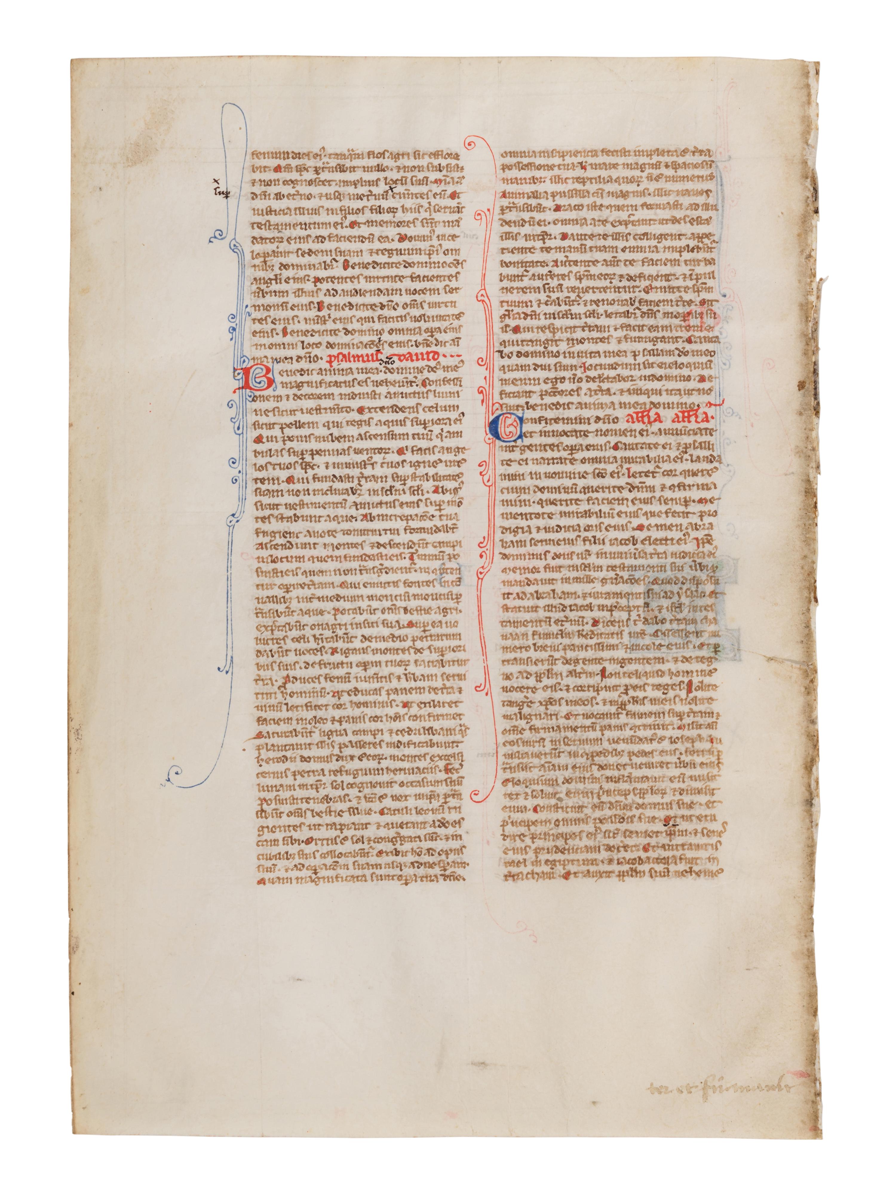 VIE DE SAINT DENIS ATELIER (active Paris, c. 1240-1260) Four leaves from a Bible, including one spectacular historiated initial ‘I’ of the Six Days of Creation and Christ Blessing, one historiated initial ‘D’ of David in Prayer, and one historiated initial D of Solomon with a rod, in Latin, illuminated manuscript on parchment [France, Paris, c. 1240-1260]