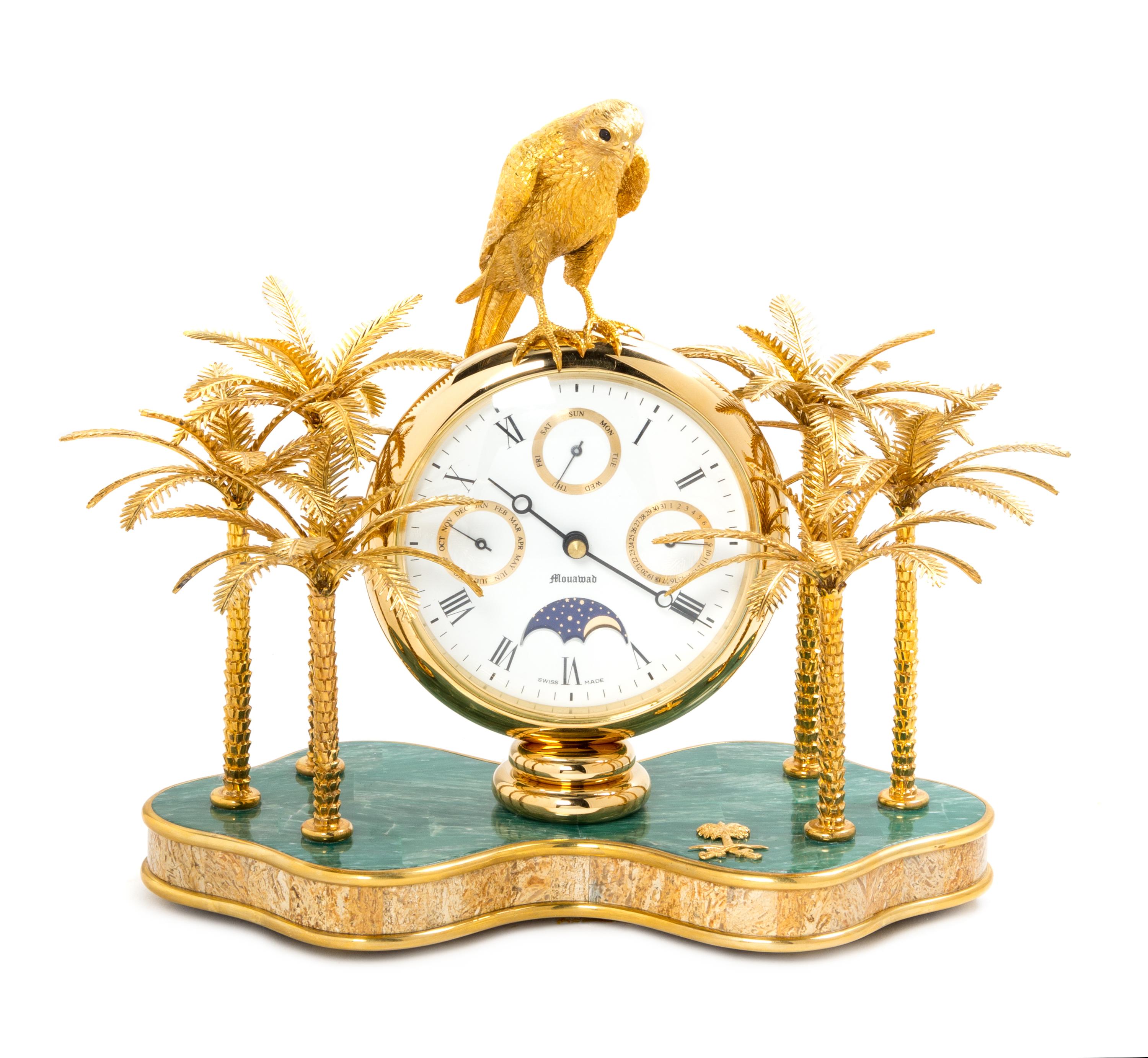 A Swiss Gilt Metal and Stone Inset Desk Clock, Mouawad Height 9 3/4 inches. — MODERN