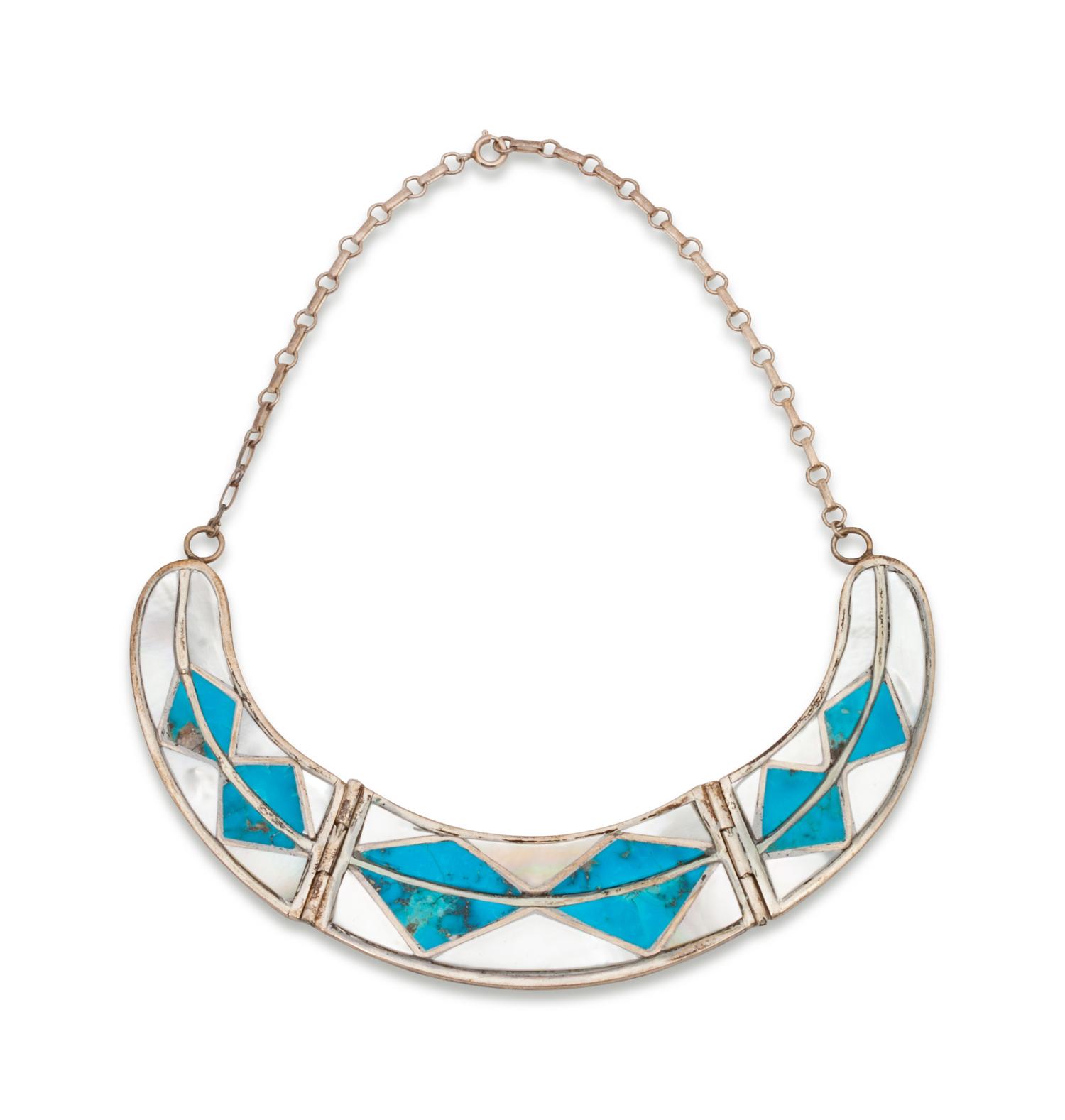 Zuni Silver Necklace and Earring Set, with Turquoise and Shell Channel Inlay
