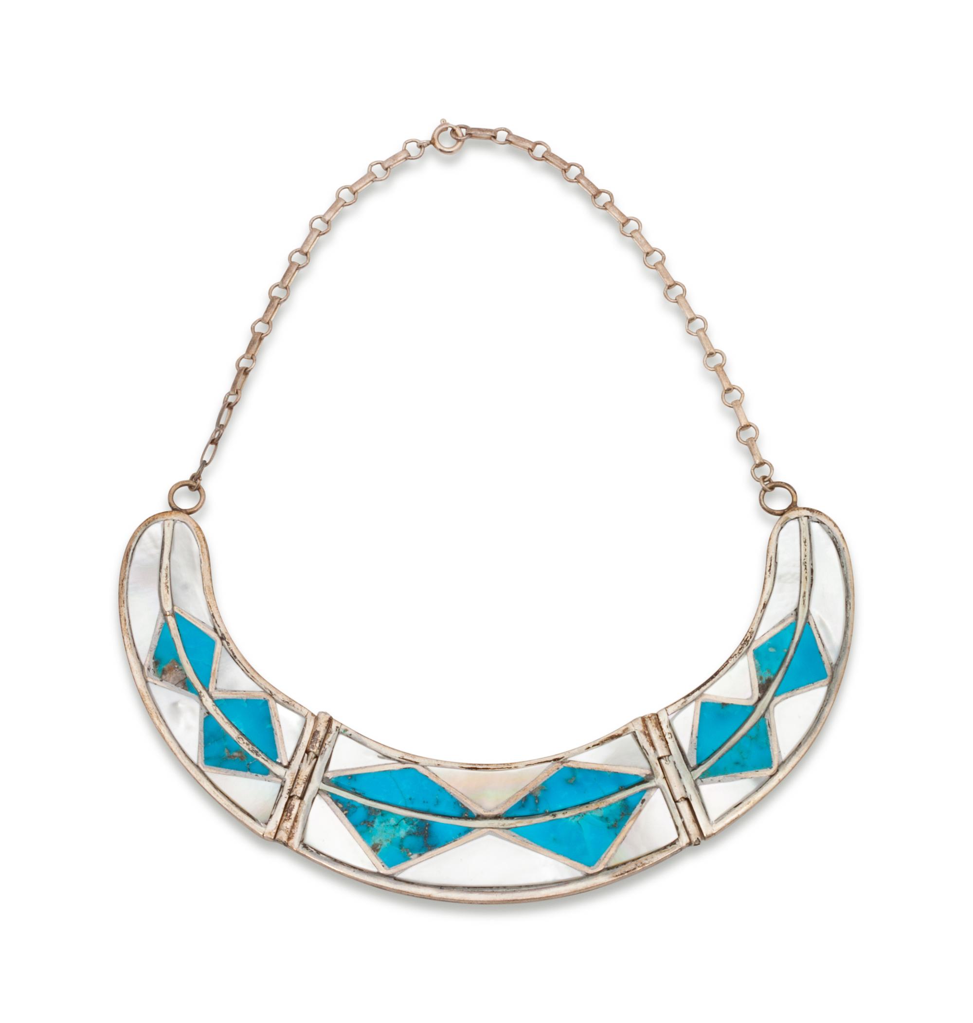 Zuni Silver Necklace and Earring Set, with Turquoise and Shell Channel Inlay